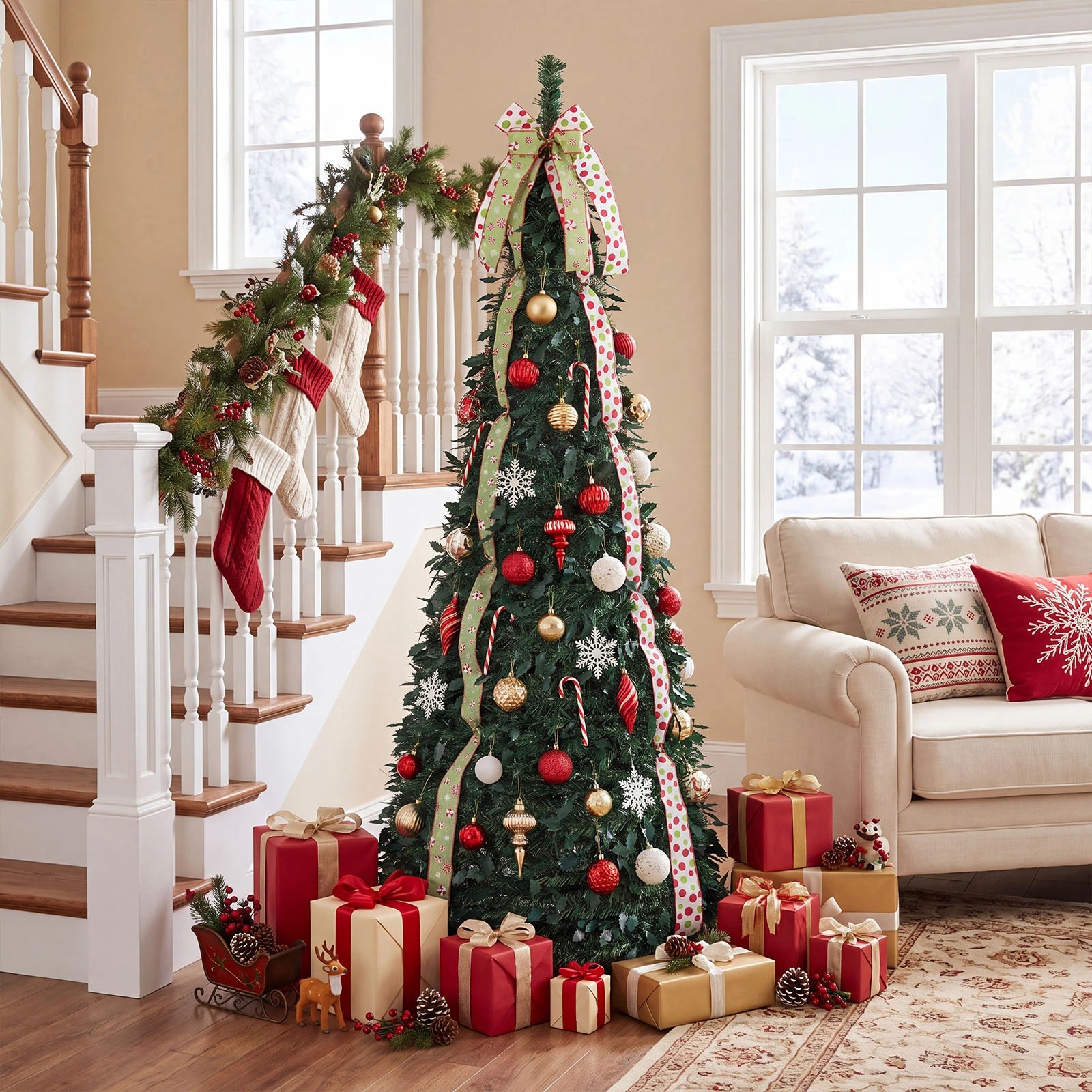 5 Costway 1.8M Pre-Decorated Pop Up Christmas Tree Foldable Holiday Xmas Tree w/Tree Topper Bow, 5 of 8