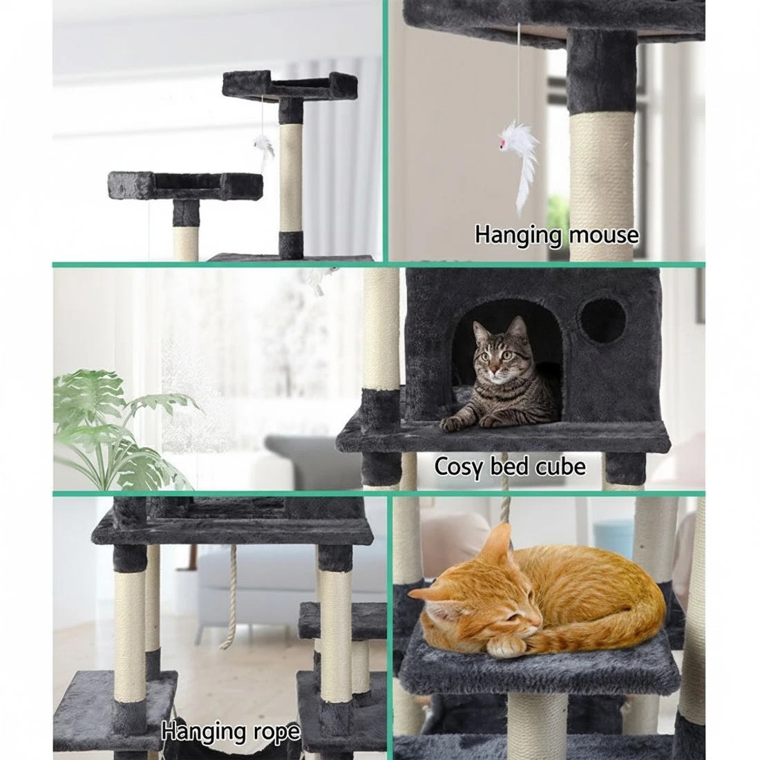 4 i.Pet Cat Tree 184cm Tower Scratching Post Scratcher Wood Trees Condo Bed House - Grey, 4 of 6