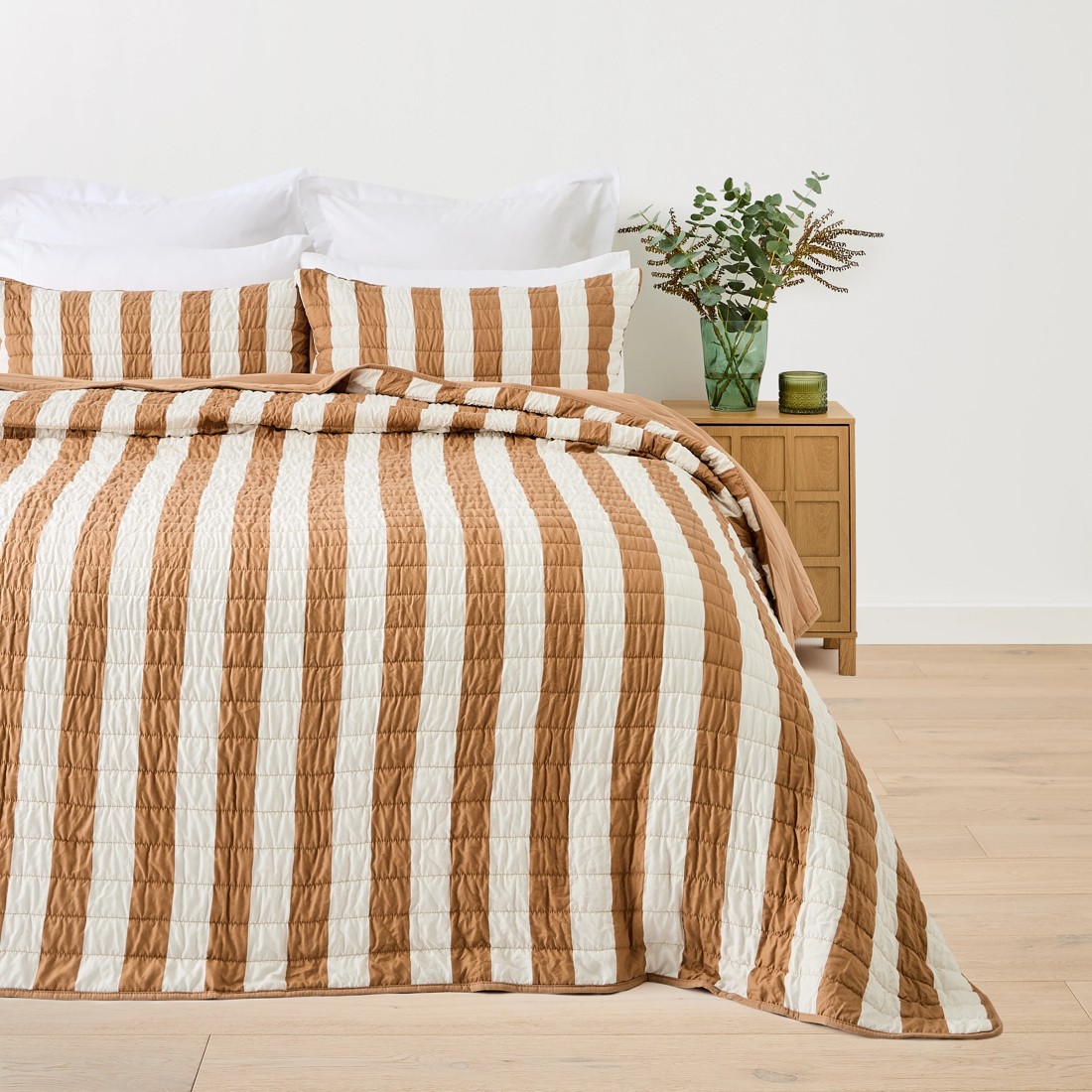 1 Reversible Stripe Coverlet Set - Queen/King Bed, Beige, 1 of 9