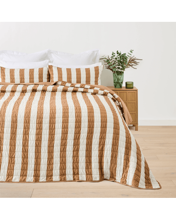 Reversible Stripe Coverlet Set - Queen/King Bed, Beige