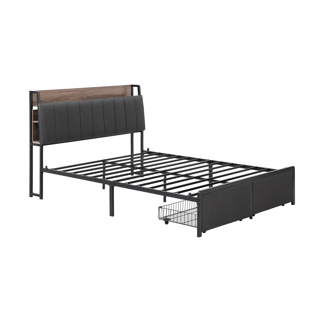 1 Artiss Metal Bed Frame Queen Size with 2-Tier Hidden Storage with Charging Station - Grey, 1 of 2