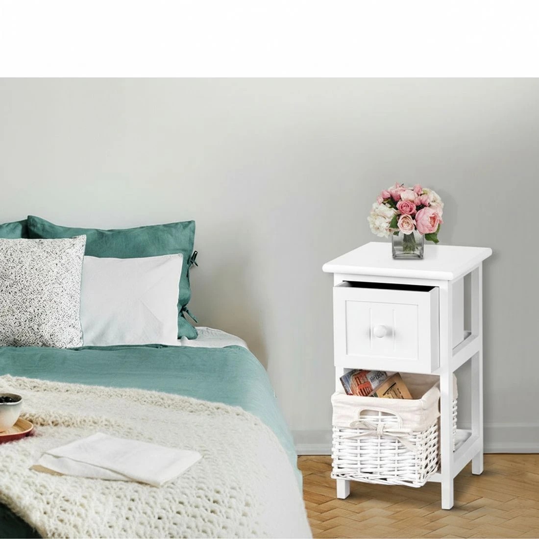 4 Artiss Bedside Table 1 Drawer with Basket Rustic  X2 - White, 4 of 7
