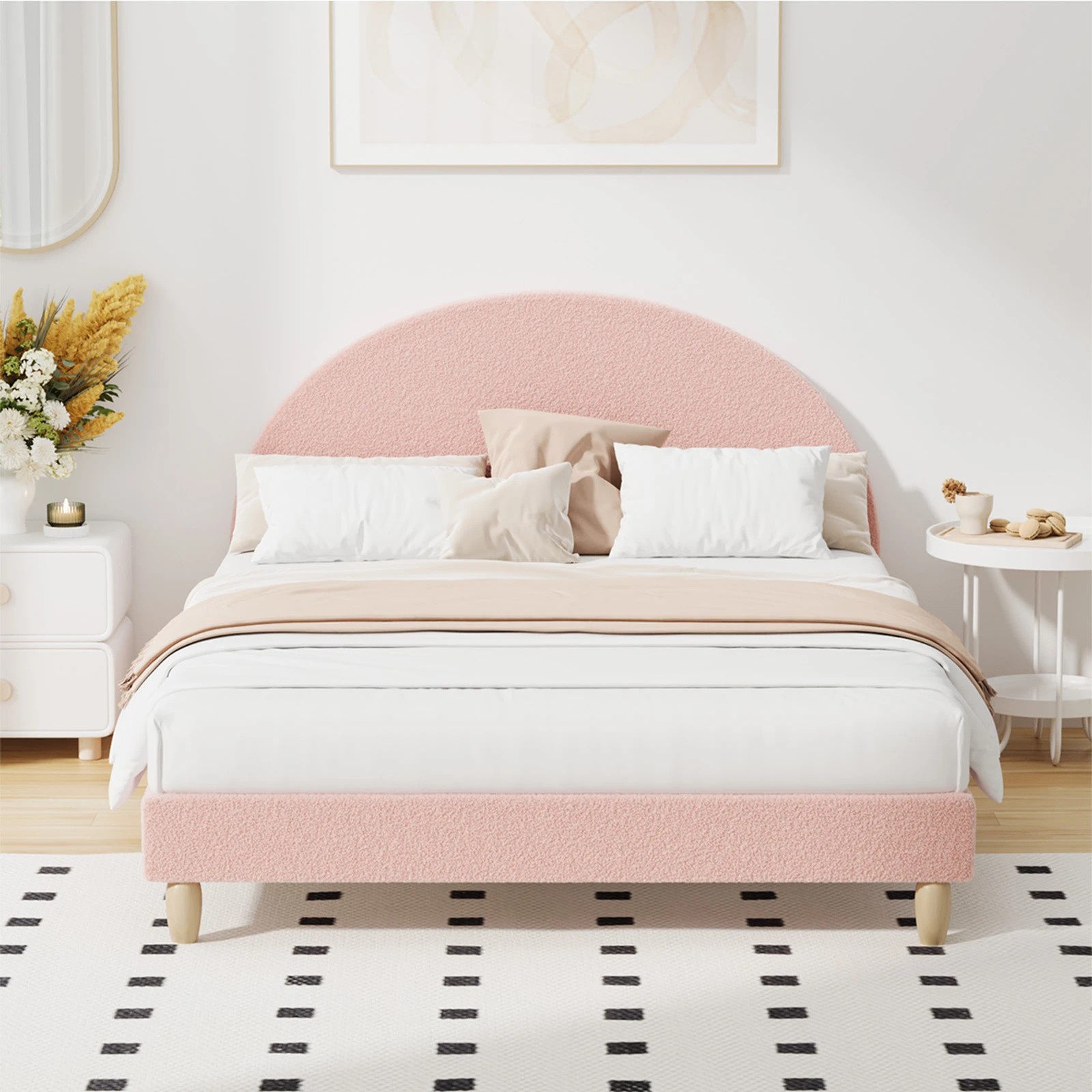 4 Oikiture Bed Frame Double Size Platform Base Arched Bedhead Boucle - Pink, 4 of 7