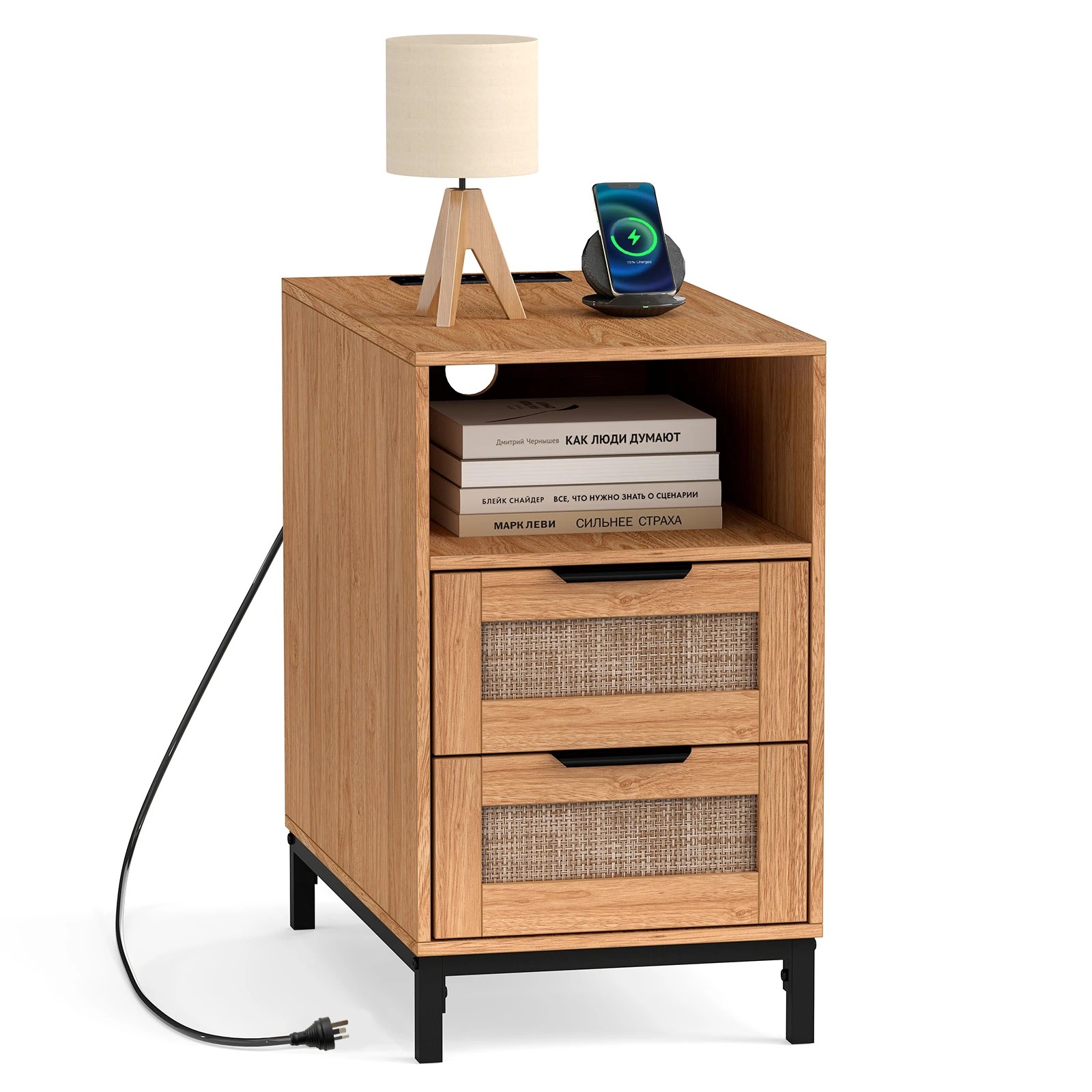 5 Costway Boho End Side Table w/Charging Station Rattan Nightstand - Natural, 5 of 5