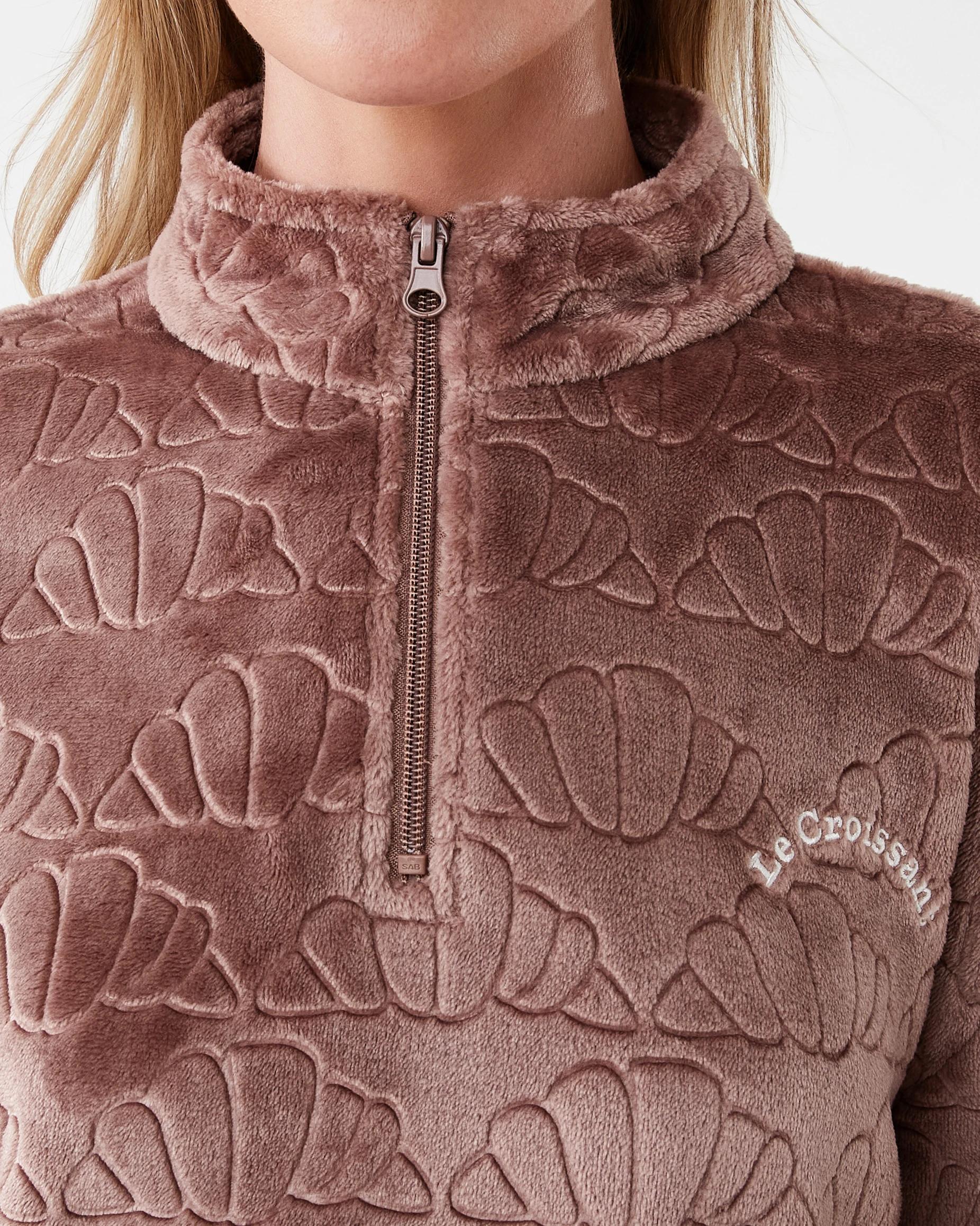 5 Quarter Zip Fleece Long Sleeve Top and Pants Pyjama Set Croissant, 5 of 8