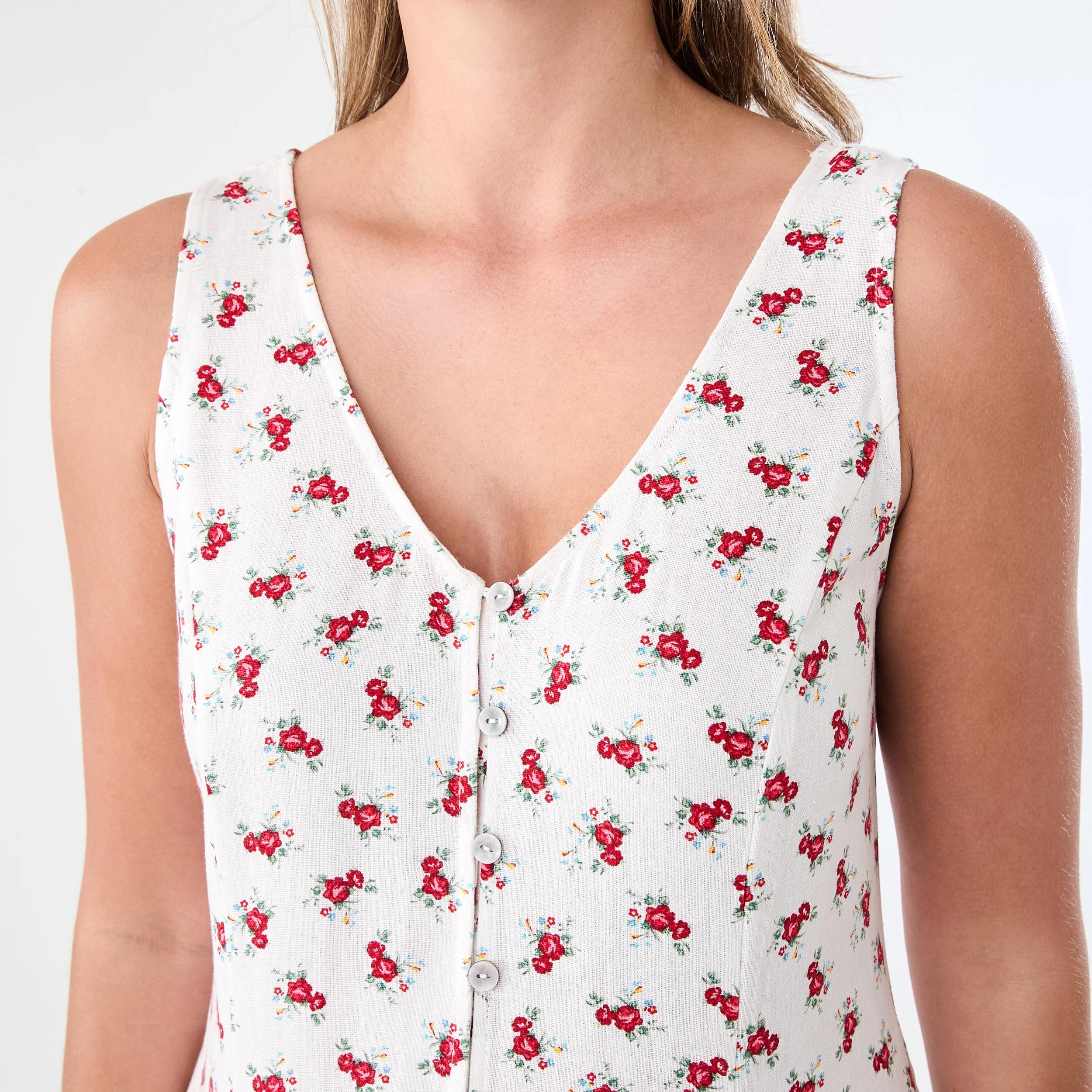 5 Sleeveless Button Front Linen Blend Midi Dress Rose Ditsy, 5 of 9