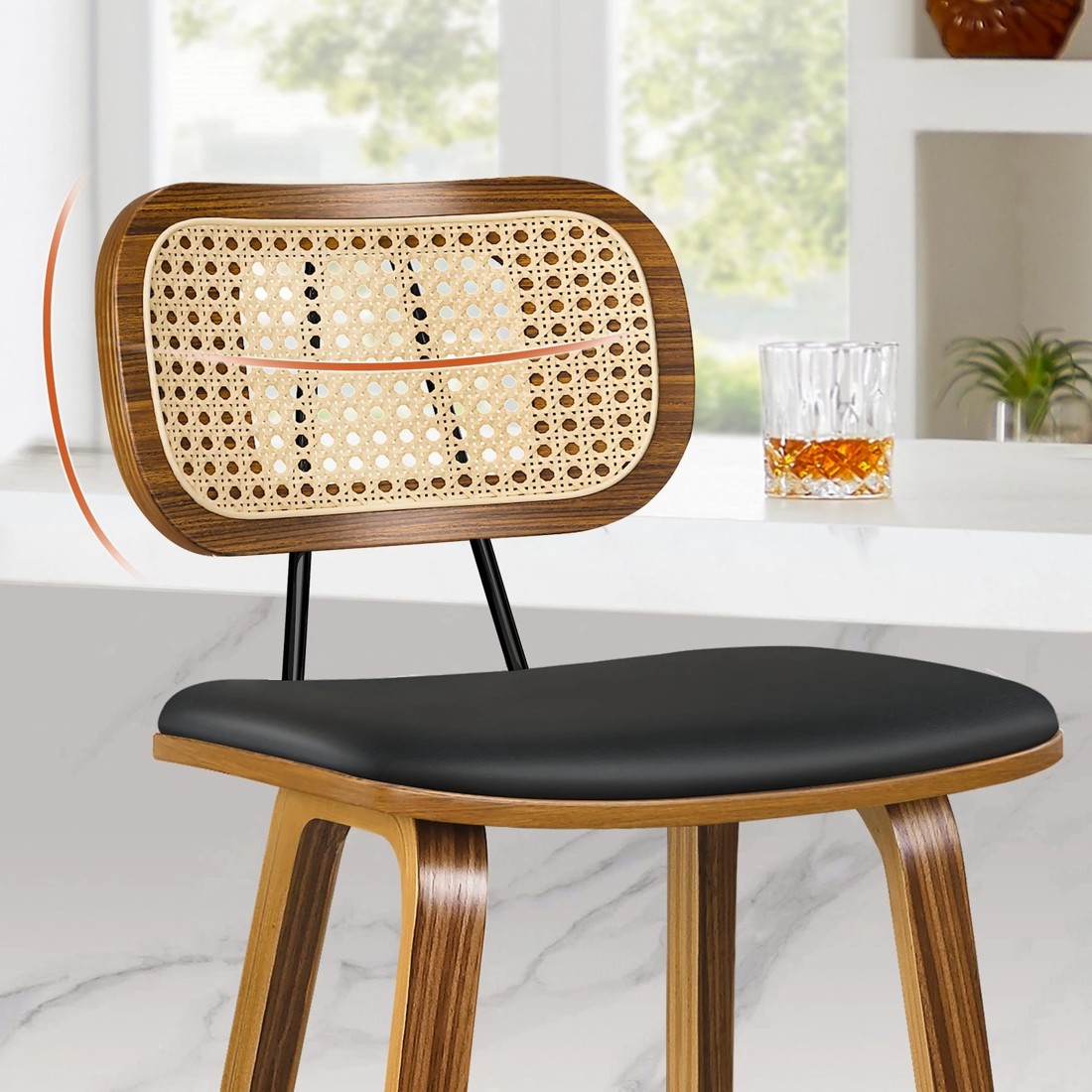 4 Alfordson 4x Bar Stools Kitchen Vintage Leather Seat Rattan Chair Wooden - Black, 4 of 9