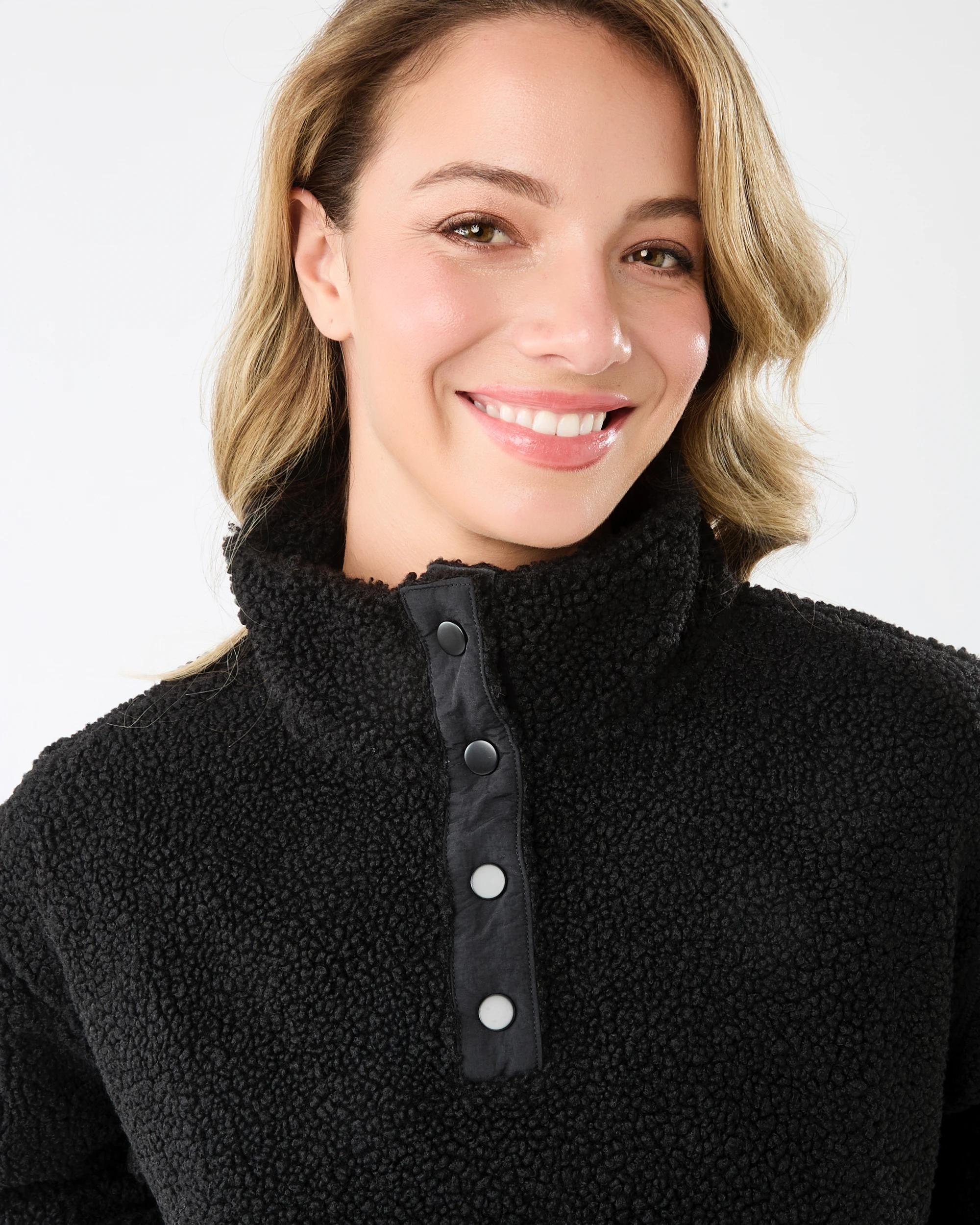 4 Long Sleeve Quarter Button Through Boucle Sweatshirt Black, 4 of 7