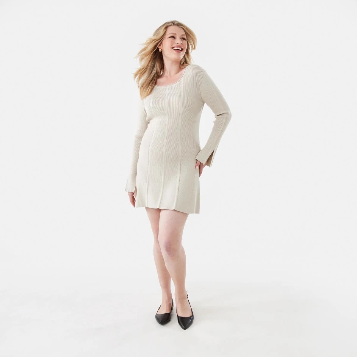 2 Long Sleeve Scoop Knit Skater Mini Dress Bone Beige, 2 of 10