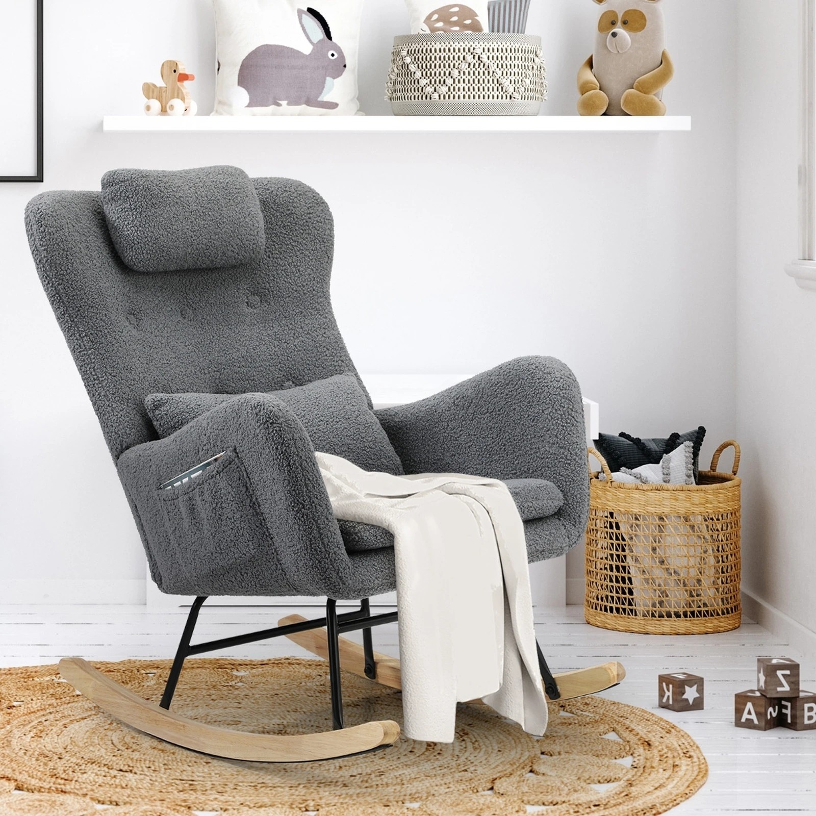 4 Oikiture 2x Rocking Chair Nursing Armchair Sherpa Chairs With 2 Pillow - Grey, 4 of 10