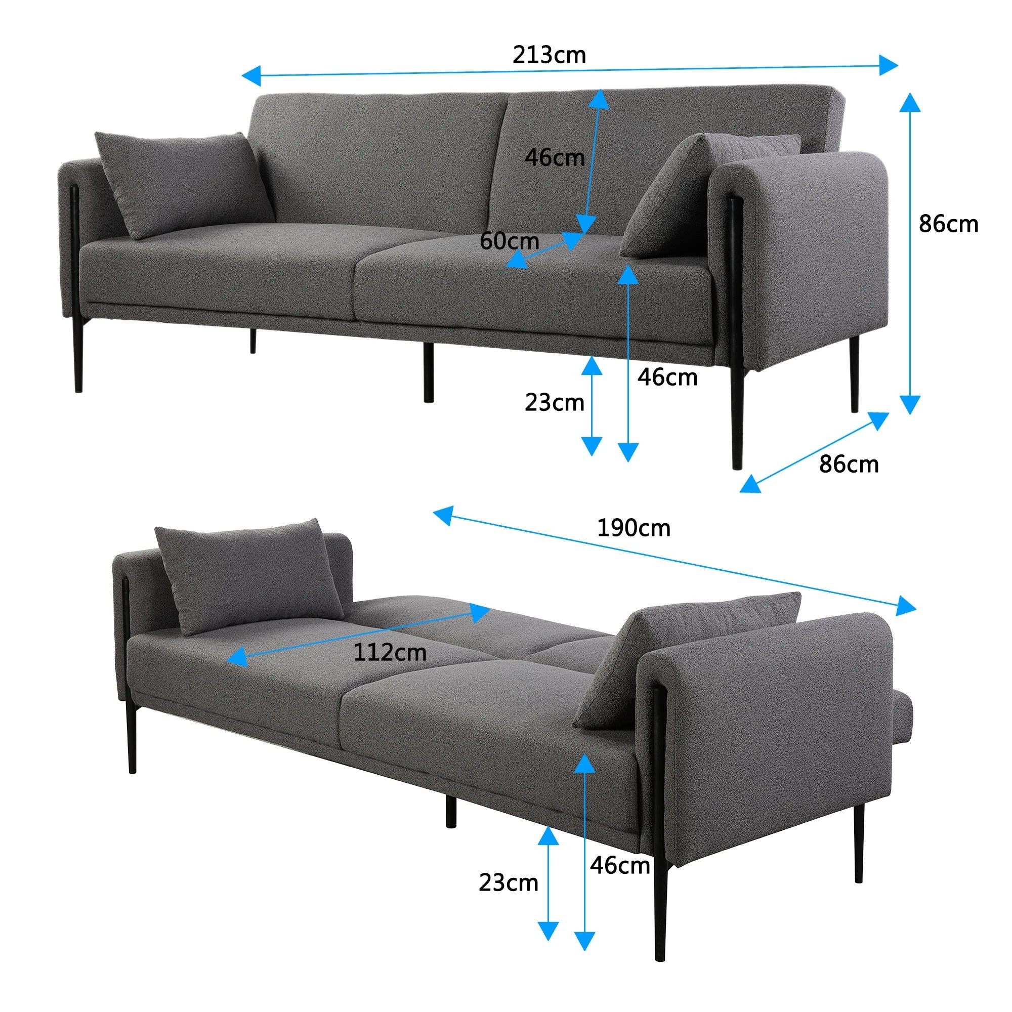 4 Foret Sofa Bed Futon Recliner Fabric Lounge Couch Convertible 3-seater Grey, 4 of 6