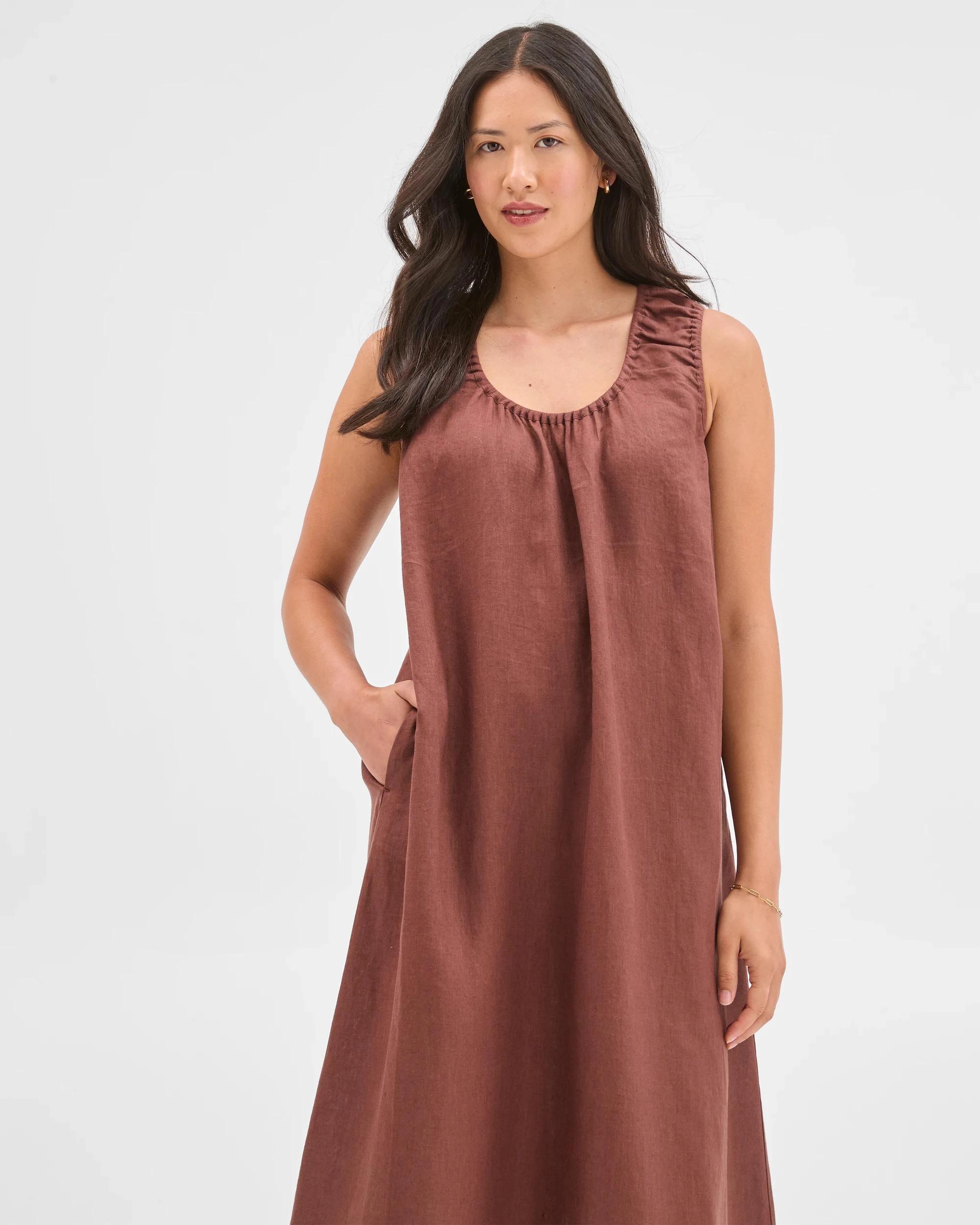 3 Target Woman European Linen Sleeveless Scoop Neck Midi Dress SOFT BROWN, 3 of 6