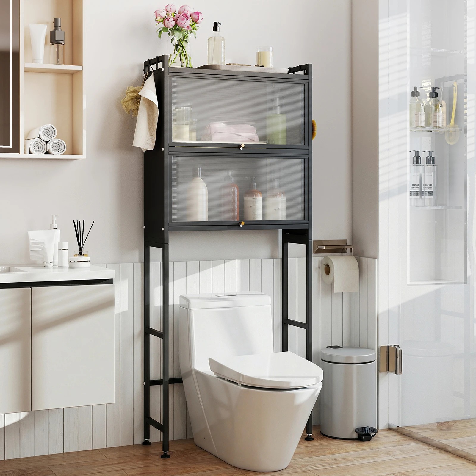 3 Costway Over Toilet Cabinet Flip-up Bathroom Storage Organizer Space-saving Laundry - Black, 3 of 5