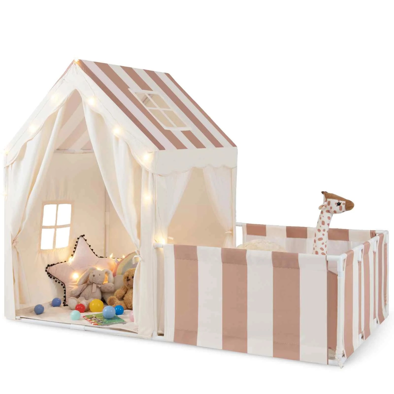 1 Costway Play Tent Mat & Yard Set Playpen w/Door Curtains - Beige, 1 of 1