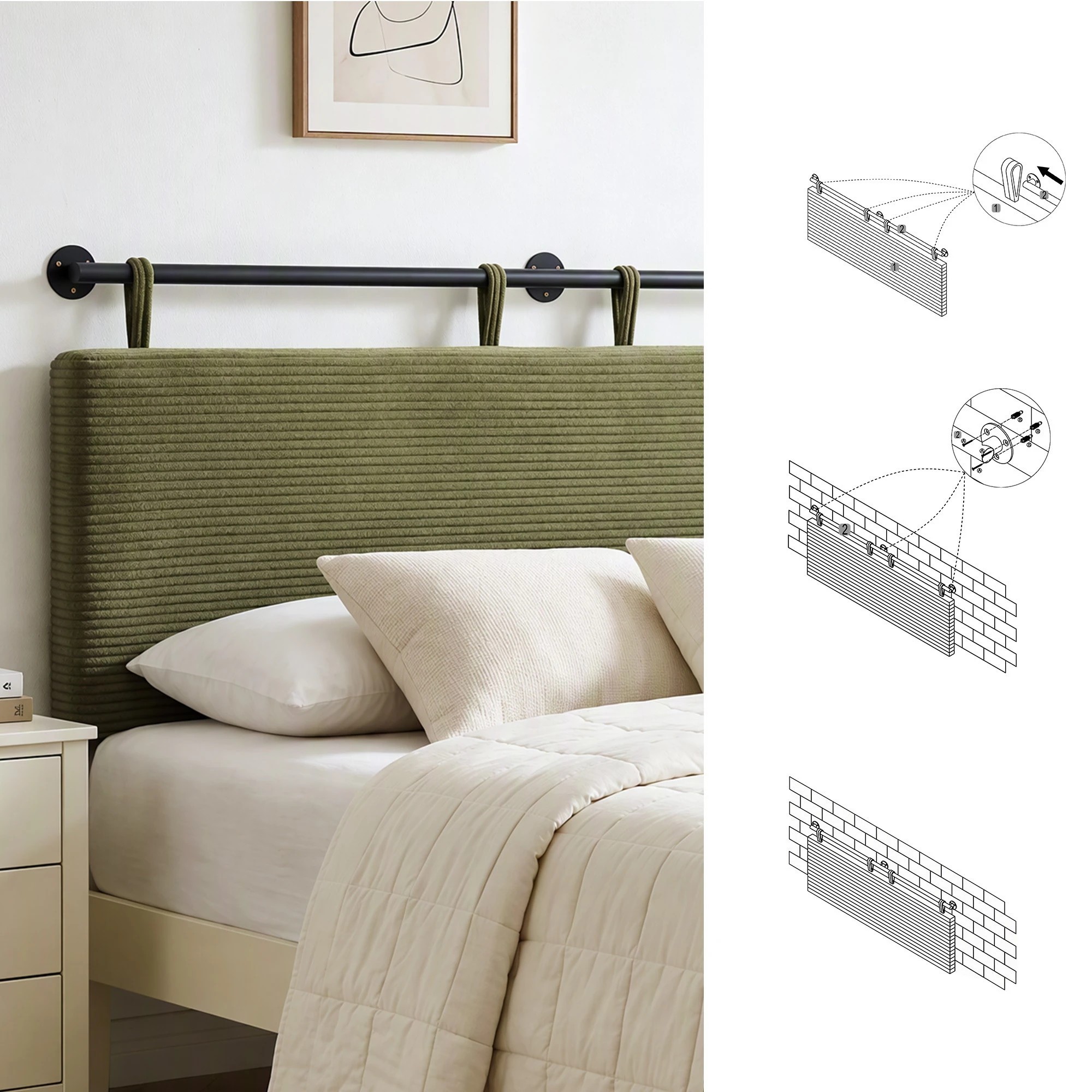 Artiss Wall Mounted Headboard Double Corduroy Upholstered Hanging Bed ...