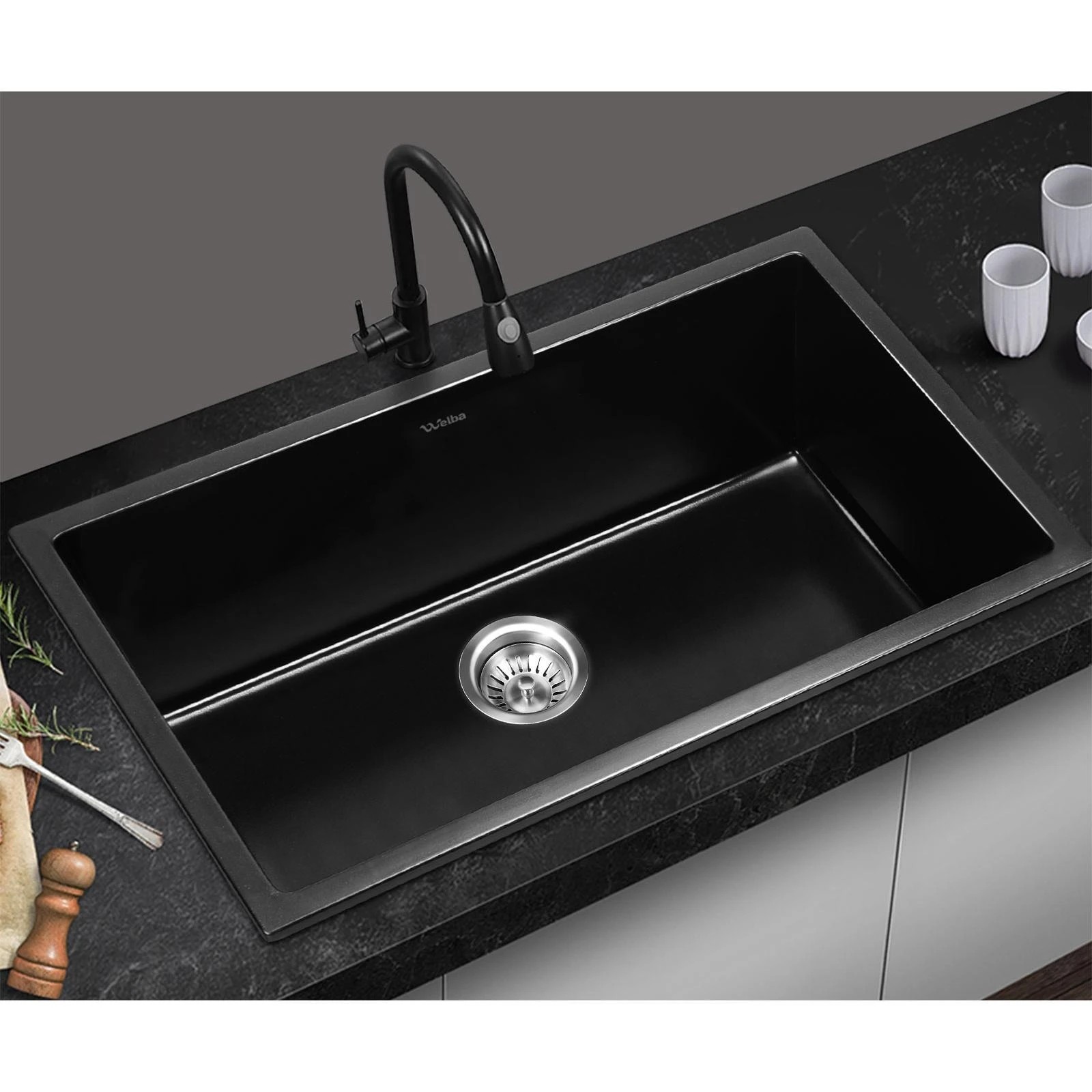 3 Welba Kitchen Sink 70x45cm Granite Stone Sink Laundry Basin Single Bowl - Black, 3 of 8