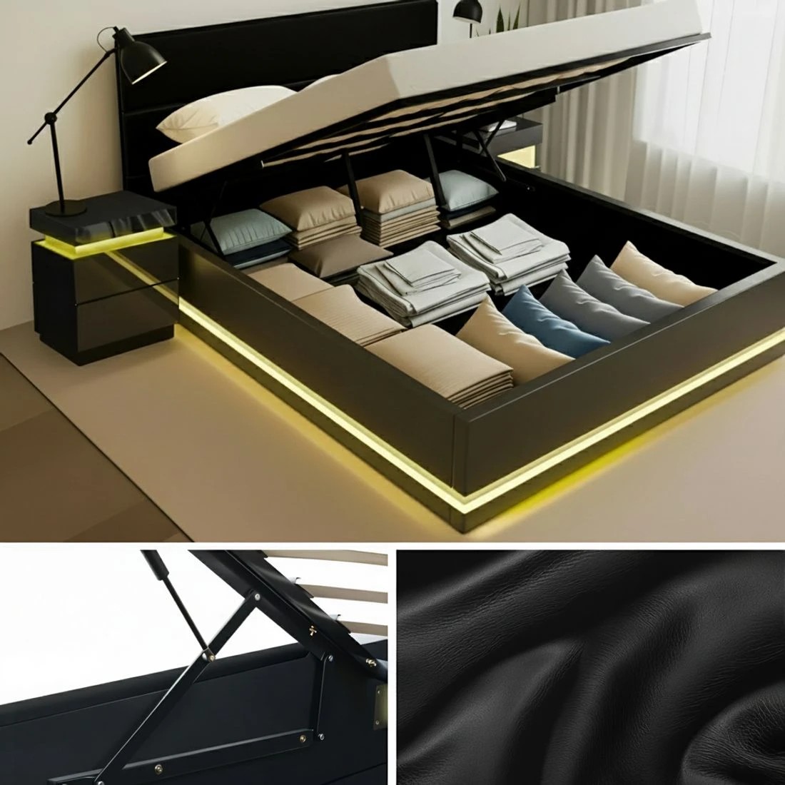 5 Artiss RGB LED Queen Bed Frame with 2 Beside Tables Set 16 Colour Mood - Black, 5 of 8