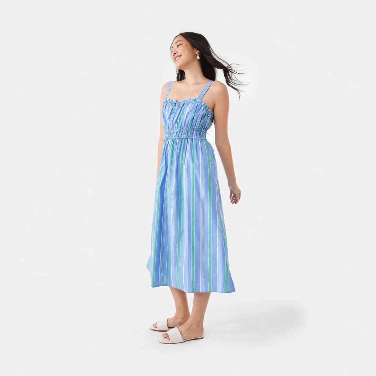 2 Sleeveless Poplin Tie Midi Dress POP STRIPE BLUE MARINE, 2 of 7