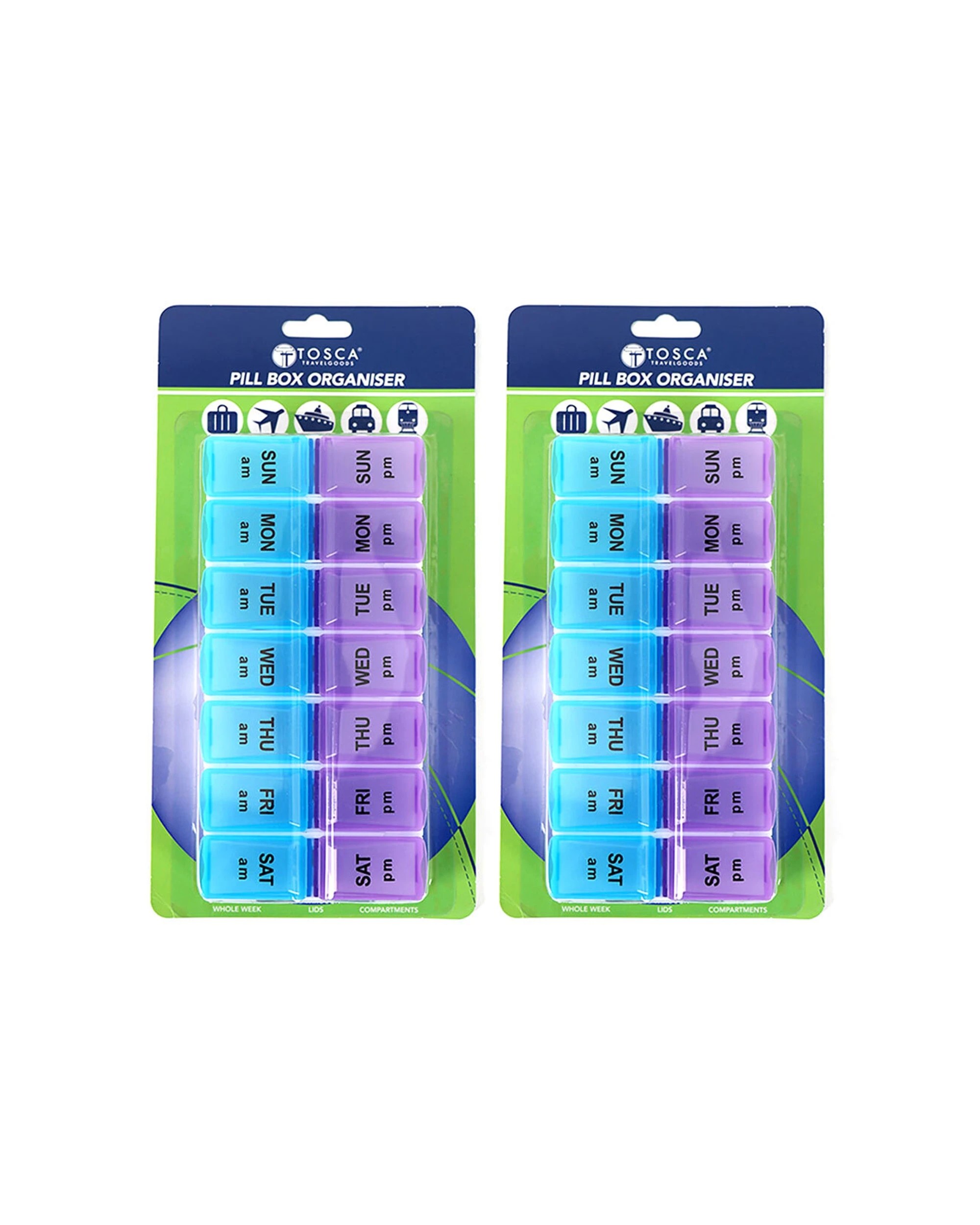 1 Tosca 2Pk Medicine Pill Box Am/Pm Weekly Organiser Travel Case - Assorted, 1 of 3