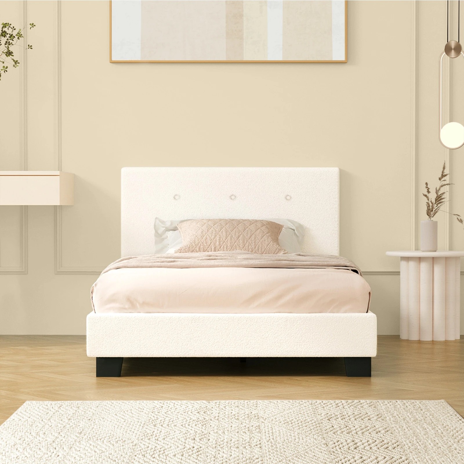 4 Oikiture Bed Frame Single Size Bed Platform Boucle - White, 4 of 7