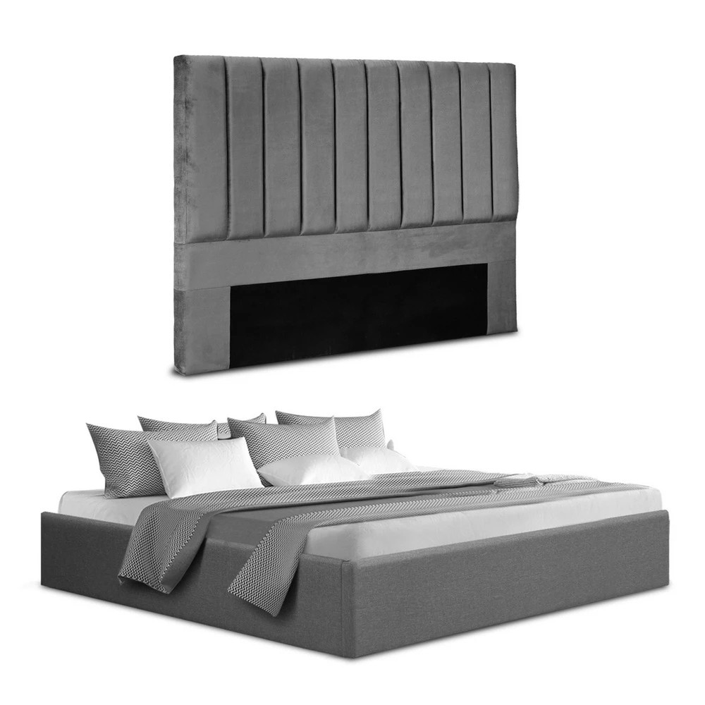 1 Artiss King Bed Frame with Storage  Velvet Headboard Gas Lift Platform Base - Grey, 1 of 6