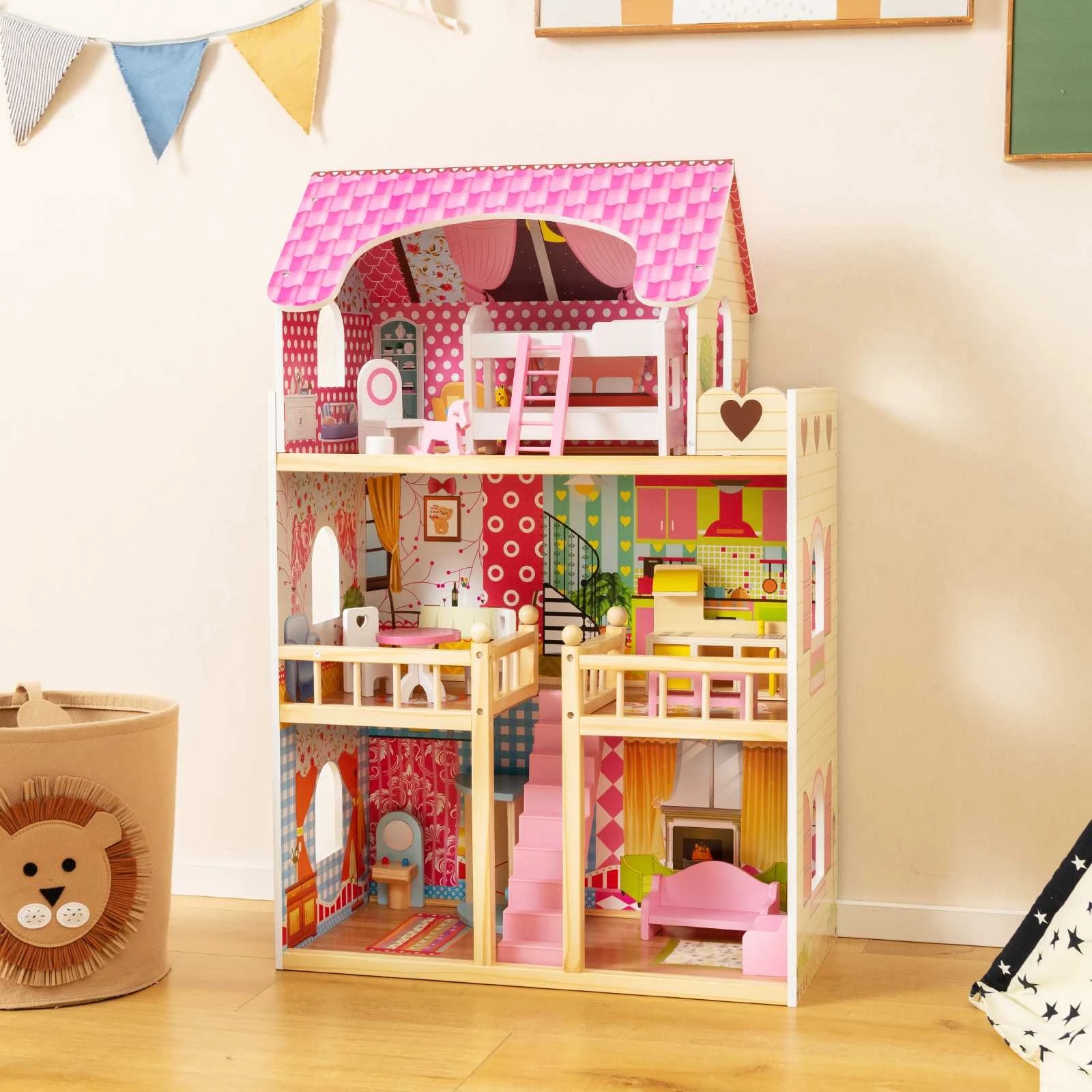 3 Costway 3-Story Pretend Play DollHouse Wooden Dollhouse w/6 Rooms & 15 Furniture - Pink, 3 of 3