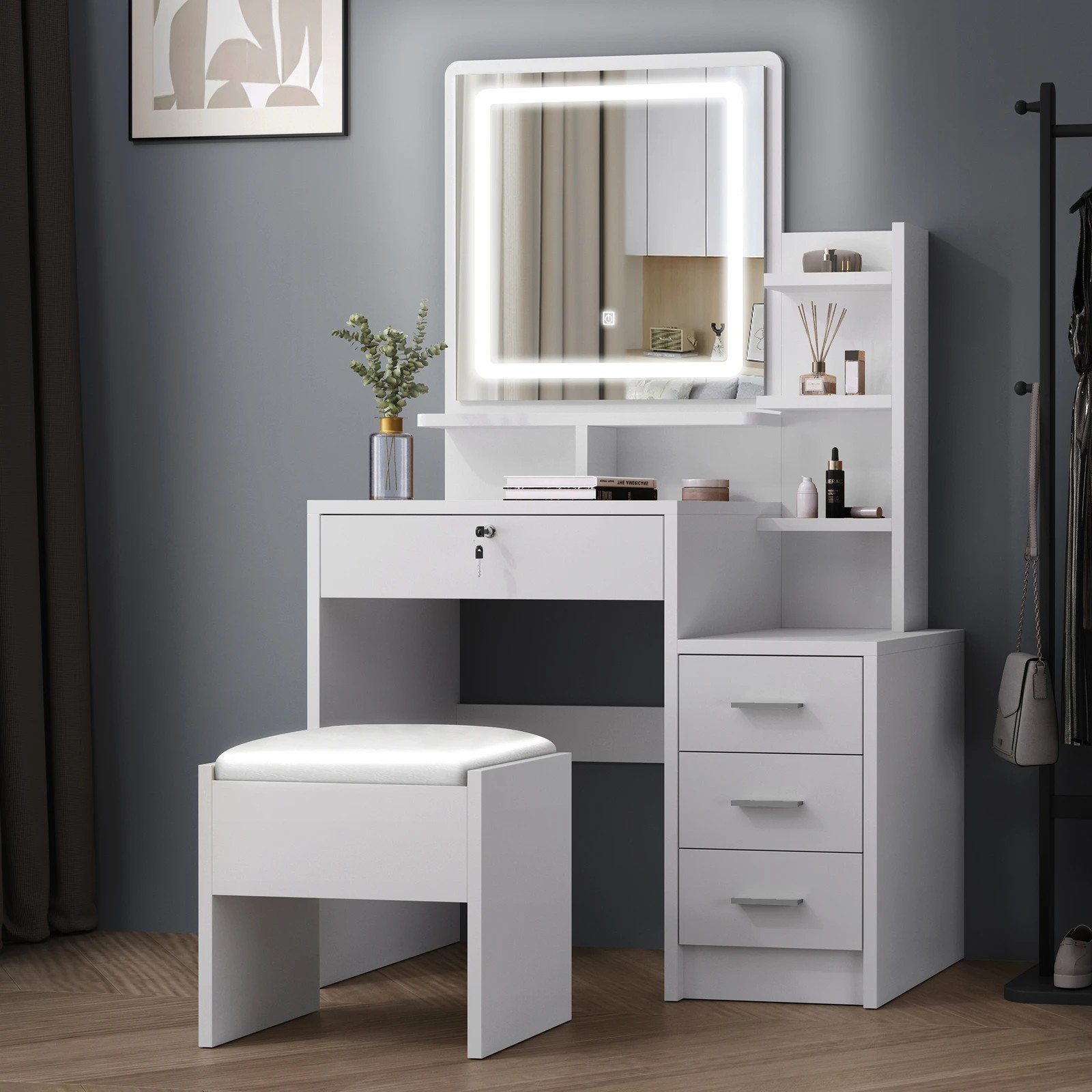 10 Alfordson Dressing Table Stool Set LED Makeup Mirror Vanity Desk Drawers - White, 10 of 10