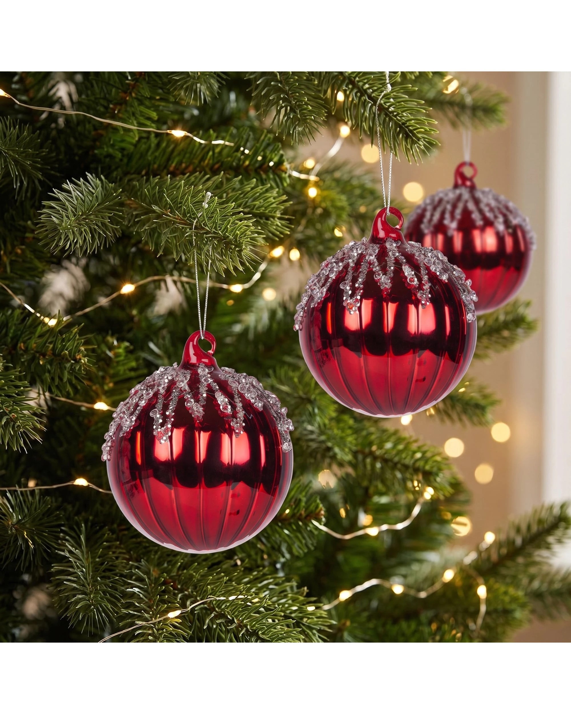 6 Christabelle 6 Red Glass Christmas Baubles Jewel Ice Drips 8cm Xmas Tree Decorations Hanging Ornaments Gift Boxed Set, 6 of 7