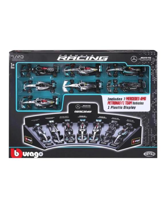 Bburago Formula Racing 1:43 Mercedes AMG 7 Piece Collection with Display Stand Gift Set