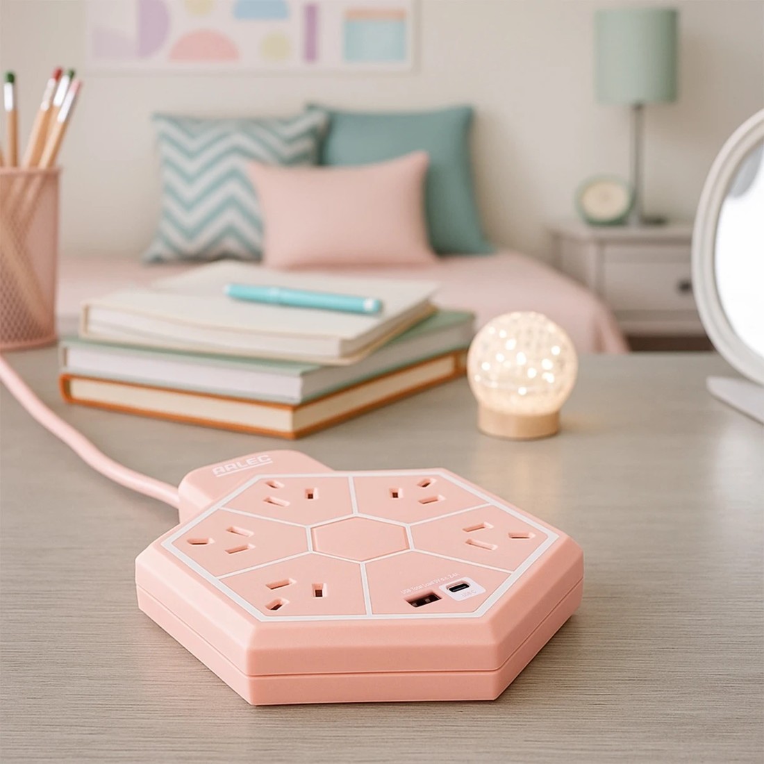1 Arlec 5 Outlet Hexagon USB A & C Charging Ports Powerboard - Pink, 1 of 6