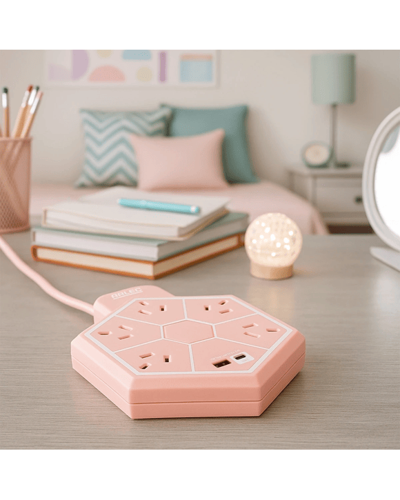 Arlec 5 Outlet Hexagon USB A & C Charging Ports Powerboard - Pink