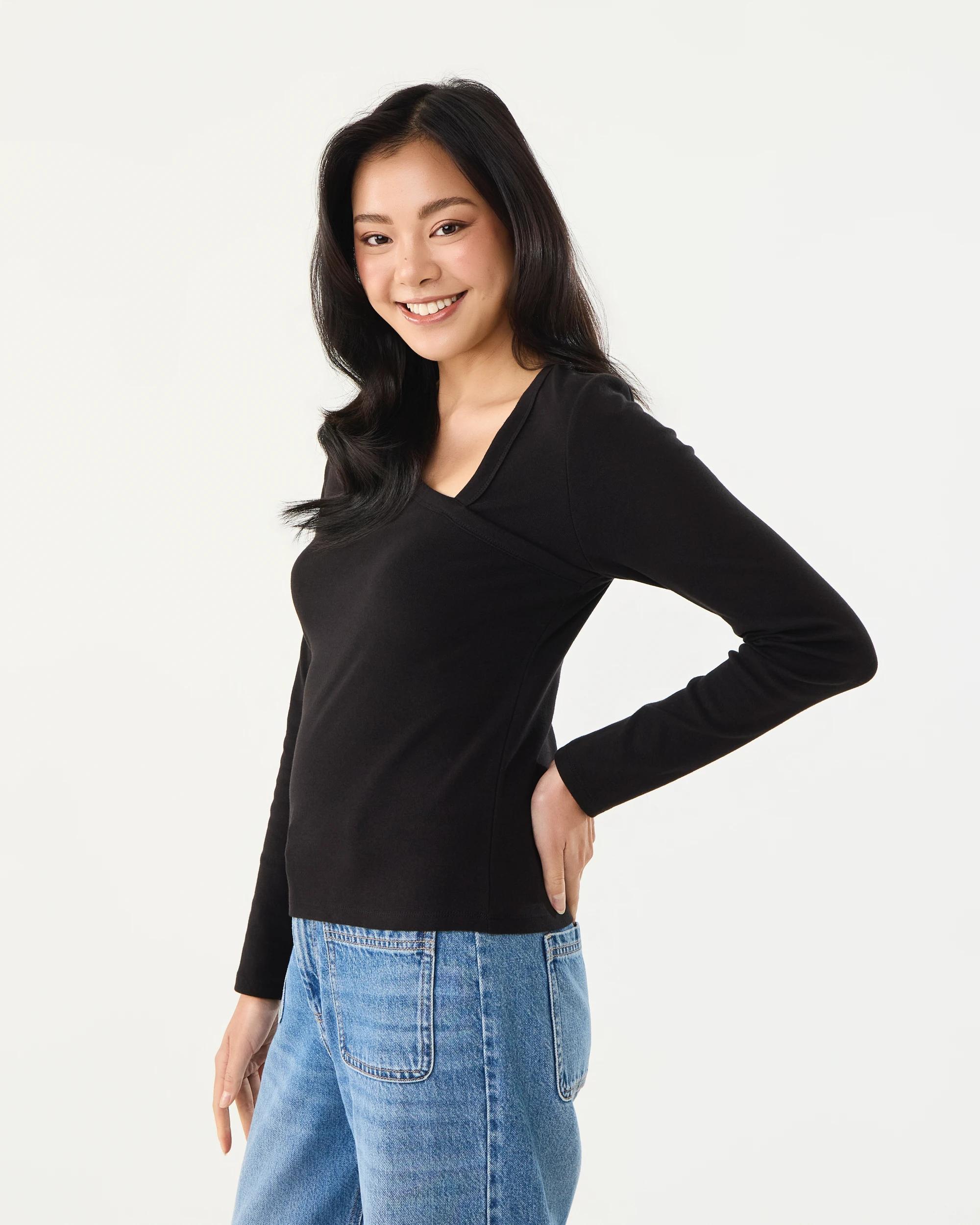 2 Long Sleeve Asymmetric Neck Top Black, 2 of 6