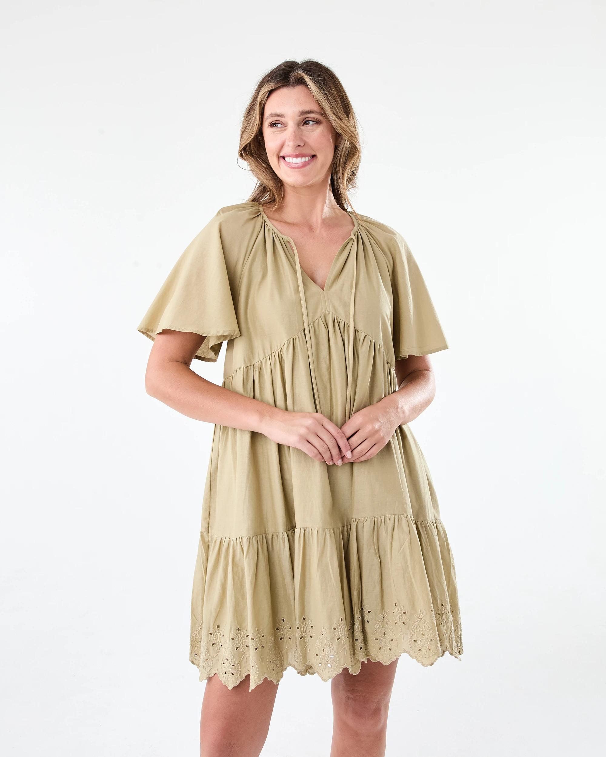 1 Short Flutter Sleeve Broderie Mini Dress Urban Grn, 1 of 7