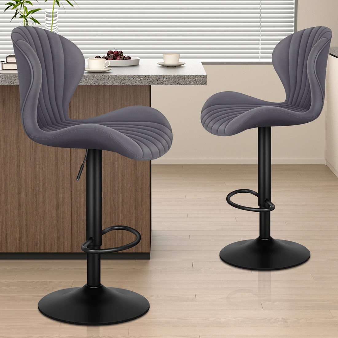 8 Alfordson 2x Bar Stools Gas Lift Air Leather Bar Chairs Kitchen Swivel - Grey, 8 of 9