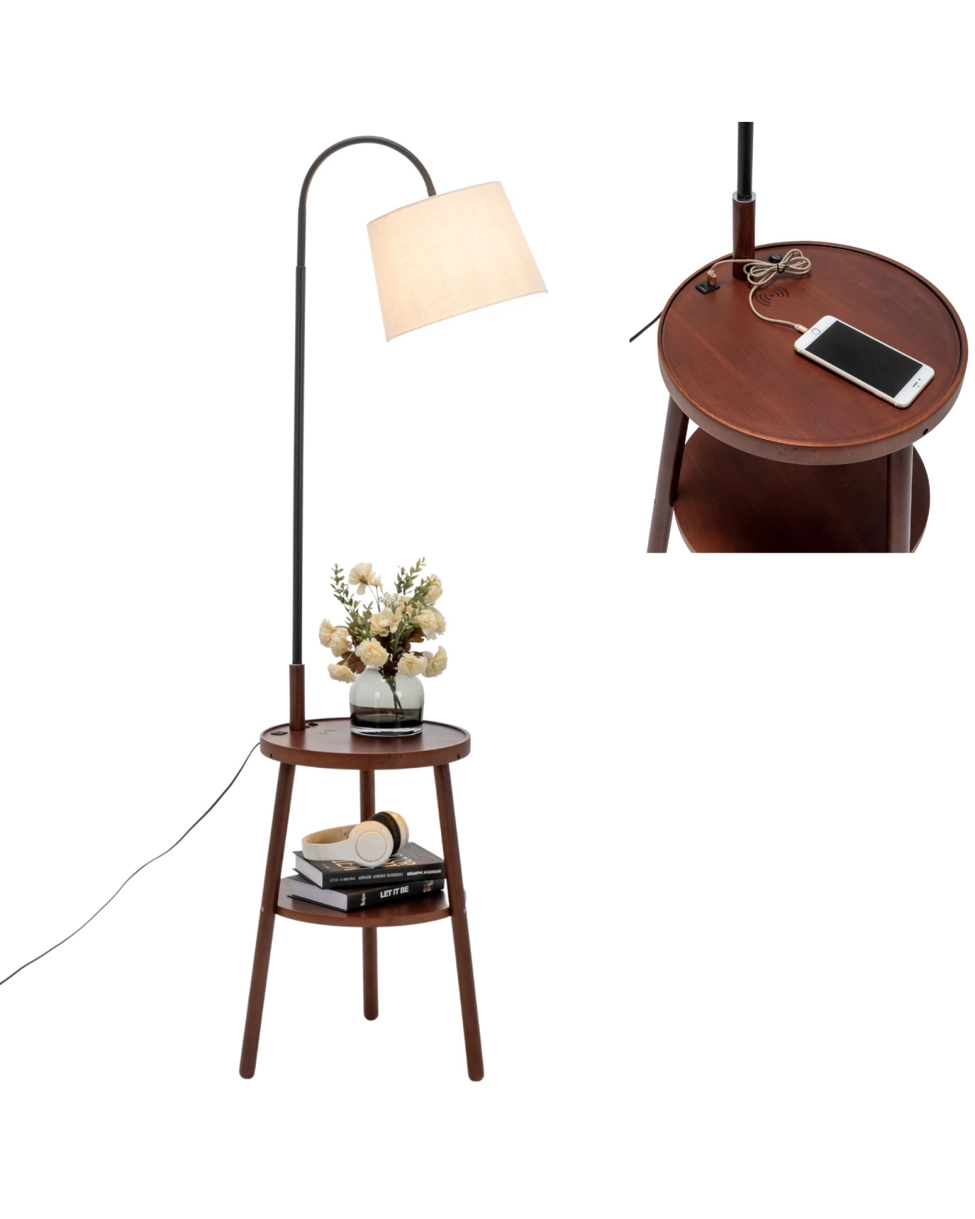 2 Br Home Naples Tripod Floor Lamp Shelf Storage Drawer Bed Side Table Light W/ Usb Charger, 2 of 8