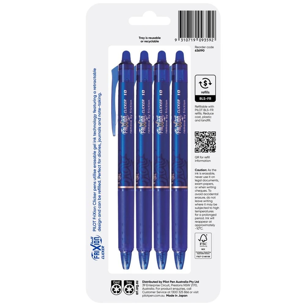 2 PILOT FriXion Clicker Erasable Gel Pen 1mm Blue 4 Pack, 2 of 6