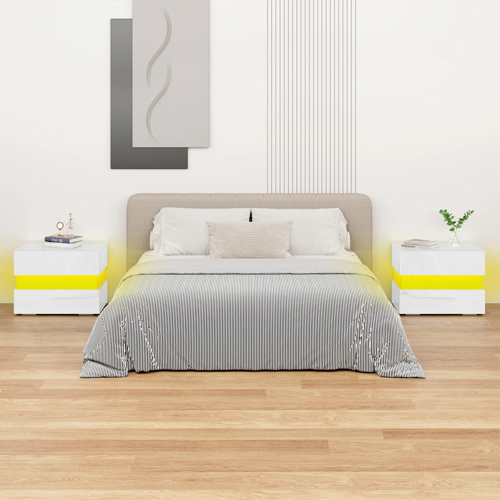 3 Alfordson 2x Bedside Table LED Nightstand 2 Drawers Gloss - White, 3 of 10