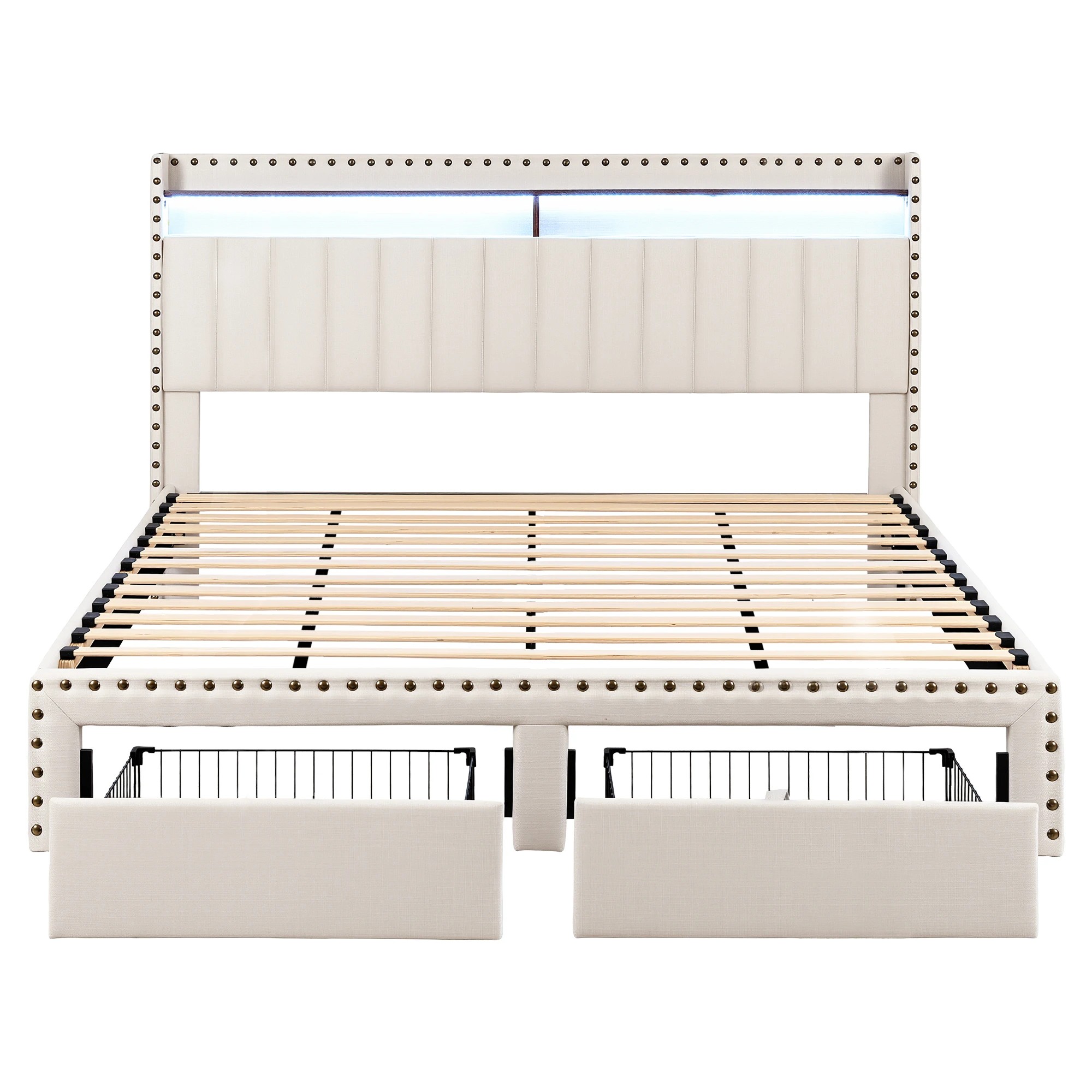 1 Artiss King Bed Frame with Shelf Storage Drawers Charging Station Mood Lighting Linen - Beige, 1 of 6