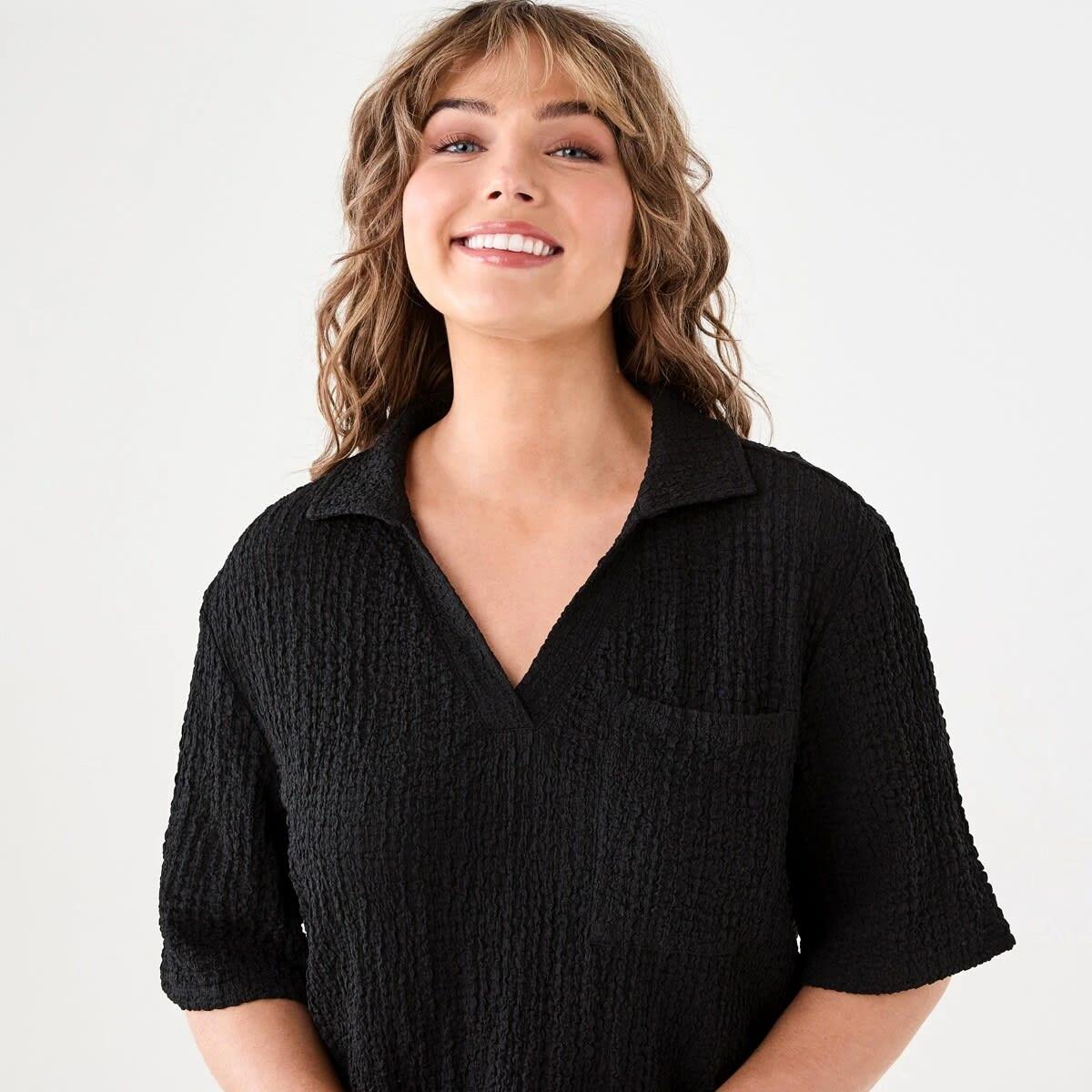 4 Short Sleeve Textured Polo Top BLACK, 4 of 6