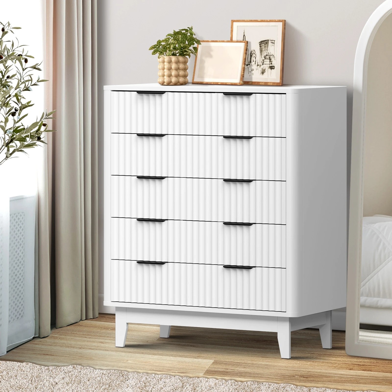 2 Oikiture 5 Chest Of Drawers Storage Cabinet Dressers Tallboy Stripe
 - White, 2 of 9