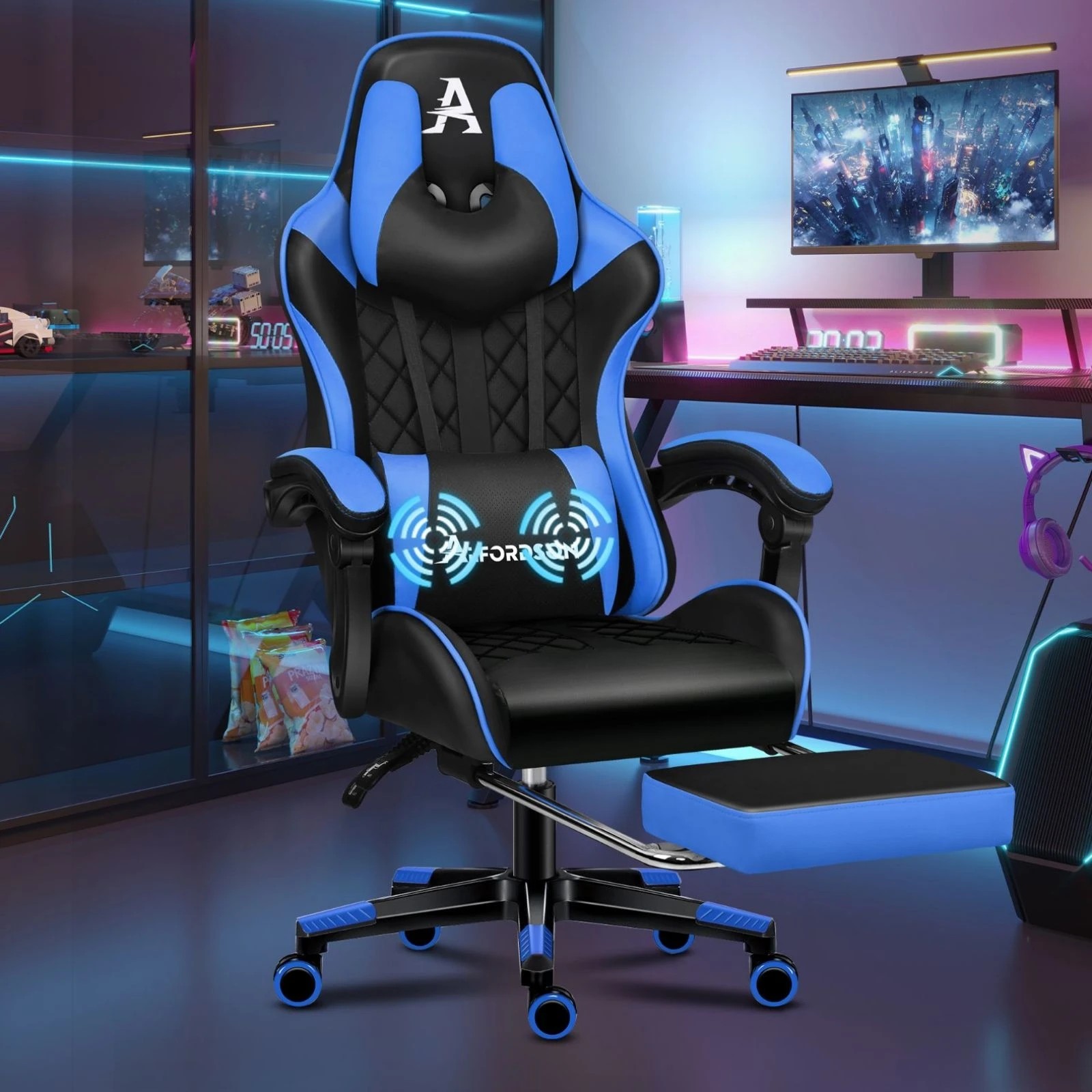 9 Alfordson Gaming Chair Office Racer Large Lumbar Cushion Footrest Seat Leather - Blue, 9 of 10