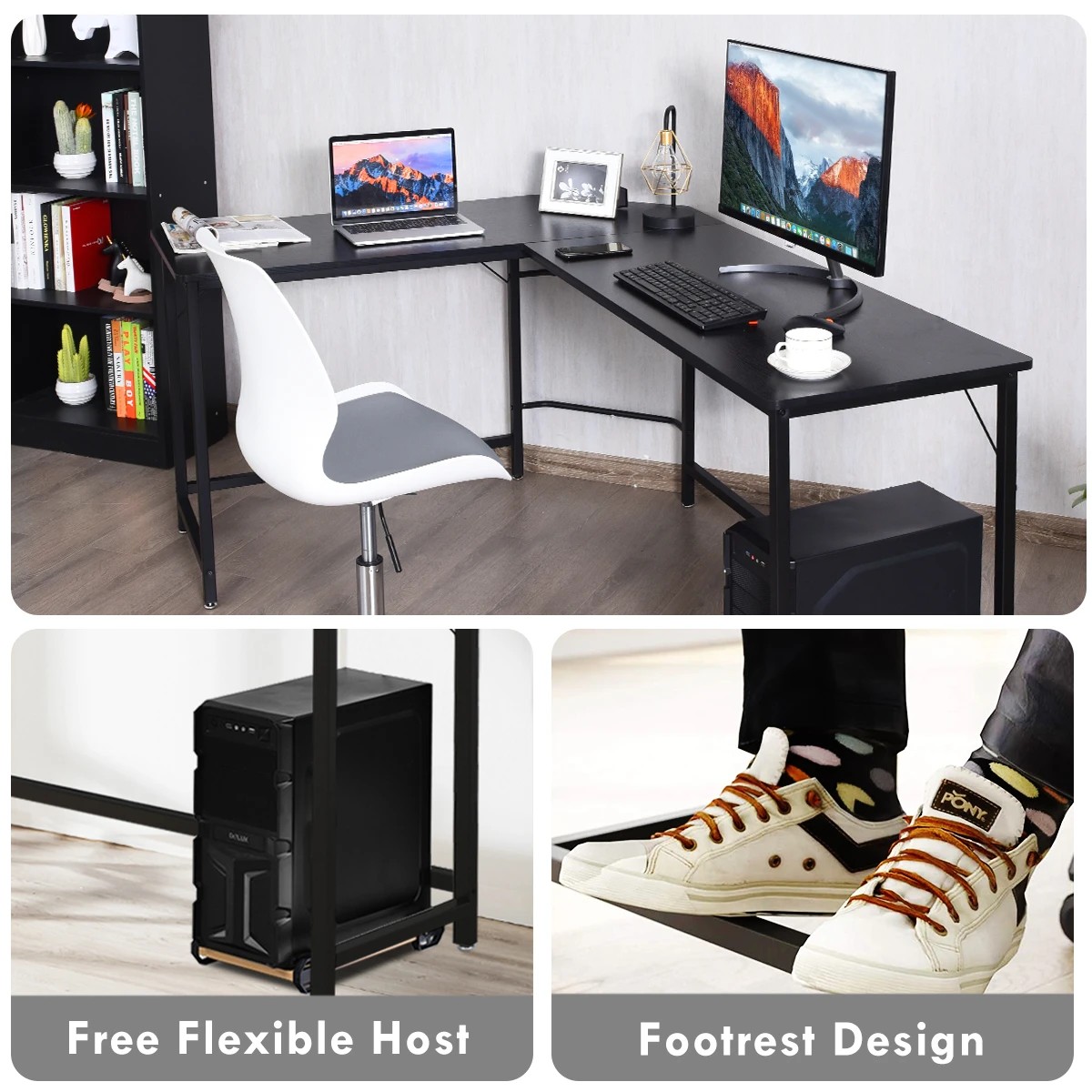 3 Costway L-shaped Computer Desk Home Office Desk w/CPU Stand - Black, 3 of 8