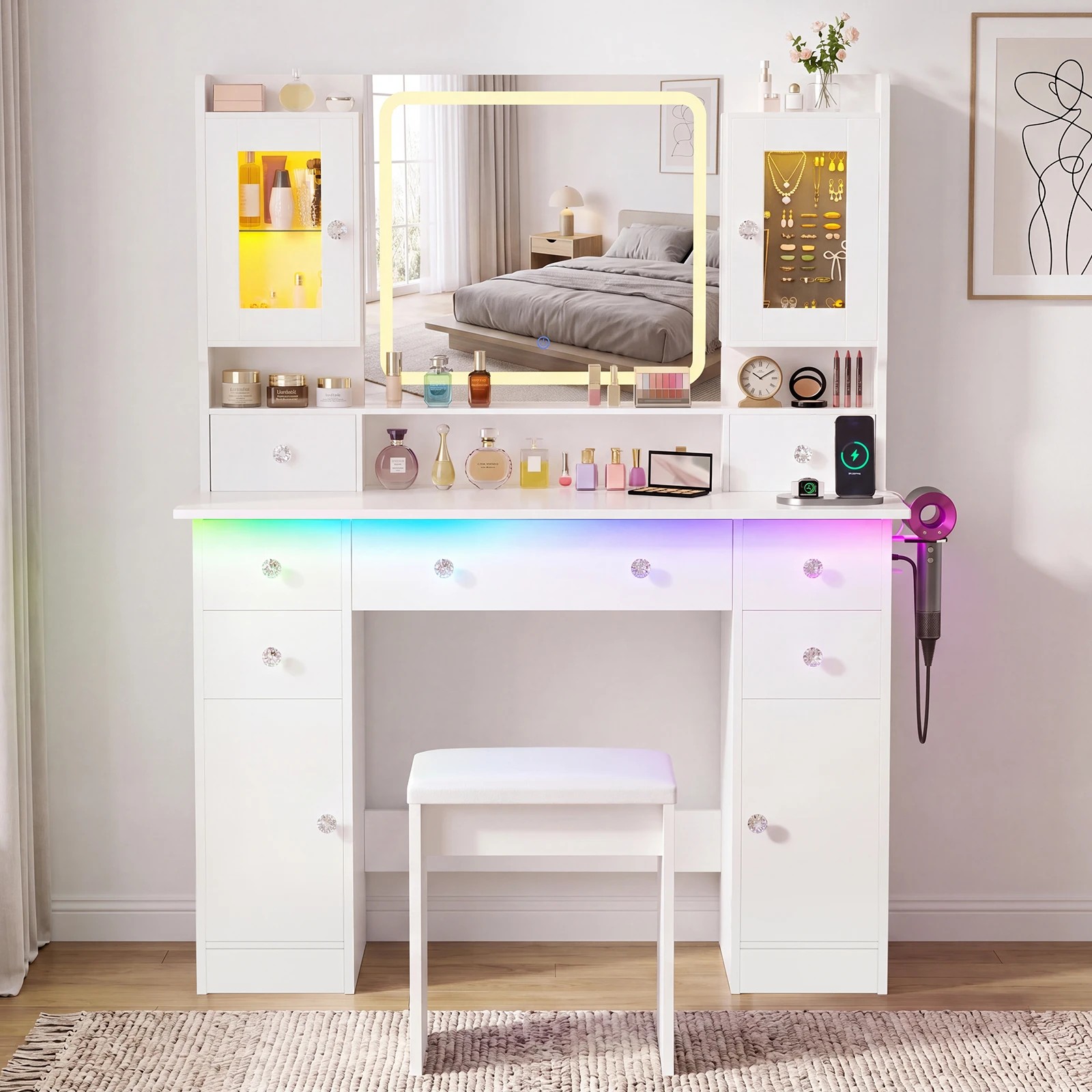 2 Advwin Makeup Vanity Desk w/ Mirror & RGB Lights Charging Station 7 Drawer - White, 2 of 10
