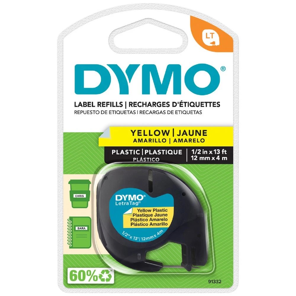 1 DYMO LetraTag Plastic Label Tape 12mm Black on Yellow, 1 of 3