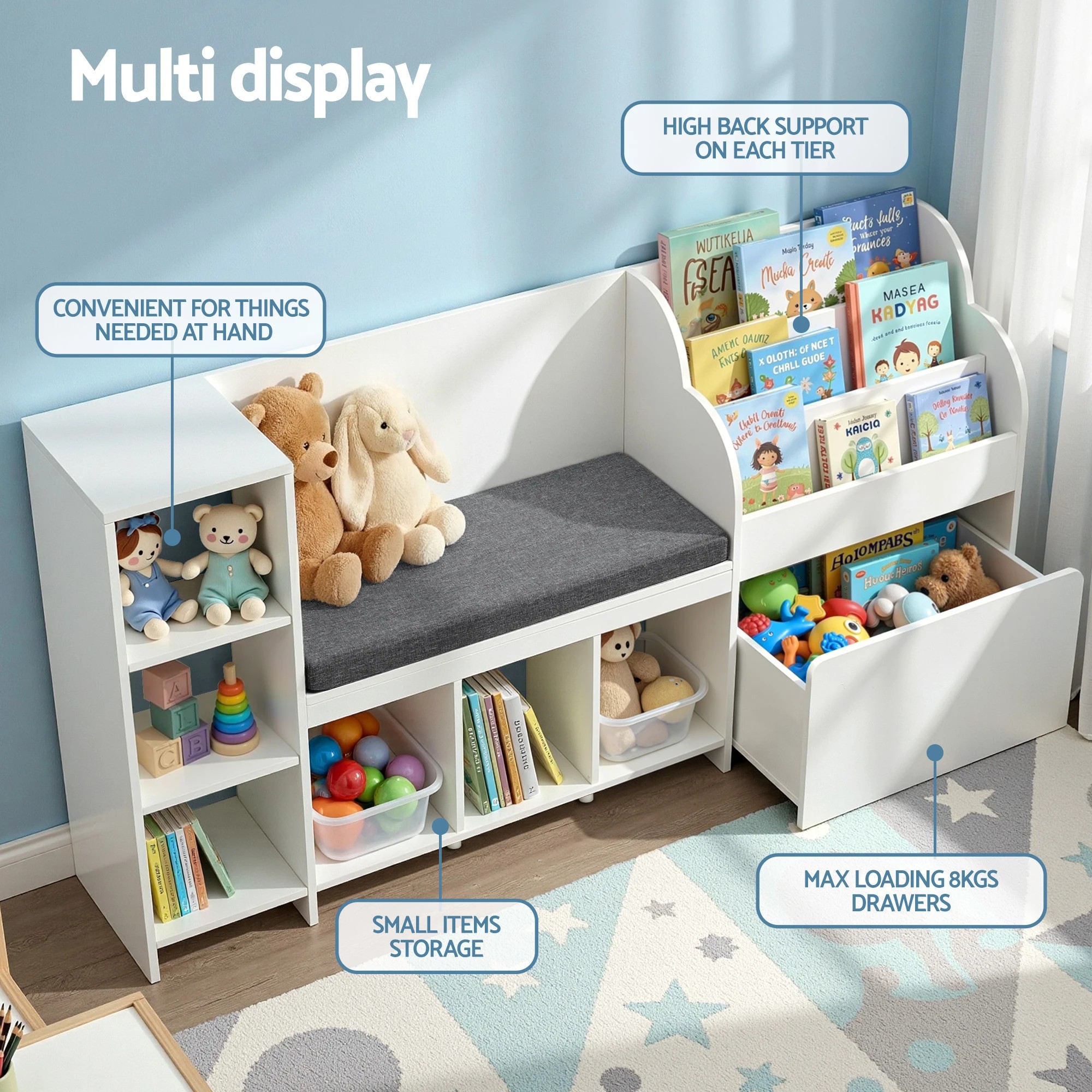 6 Keezi Kids Storage Unit Bookshelf Toy Box Organiser Bench Seat Cabinet 170cm - White, 6 of 8