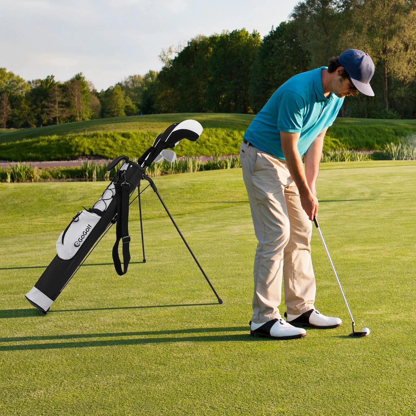 1 Costway Portable Golf Stand Bag w/Shoulder Strap Pocket & Bottle Holder Golf Carry Bag - Grey, 1 of 3