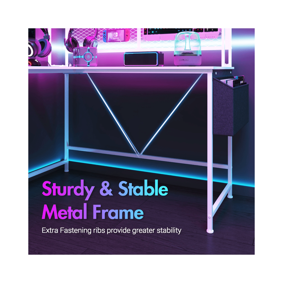 7 Advwin 170cm L Shaped Gaming Desk With Led Lights & Power Outlets Reversible Storage Shelf Computer Corner Desk White, 7 of 10