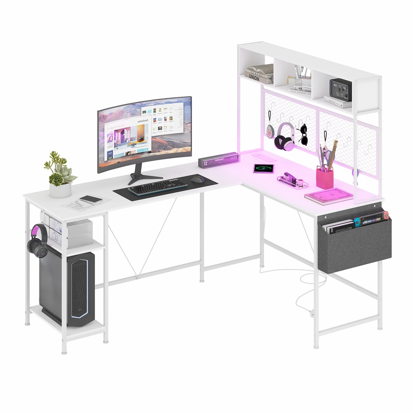 6 Advwin 170cm L Shaped Gaming Desk With Led Lights & Power Outlets Reversible Storage Shelf Computer Corner Desk White, 6 of 9