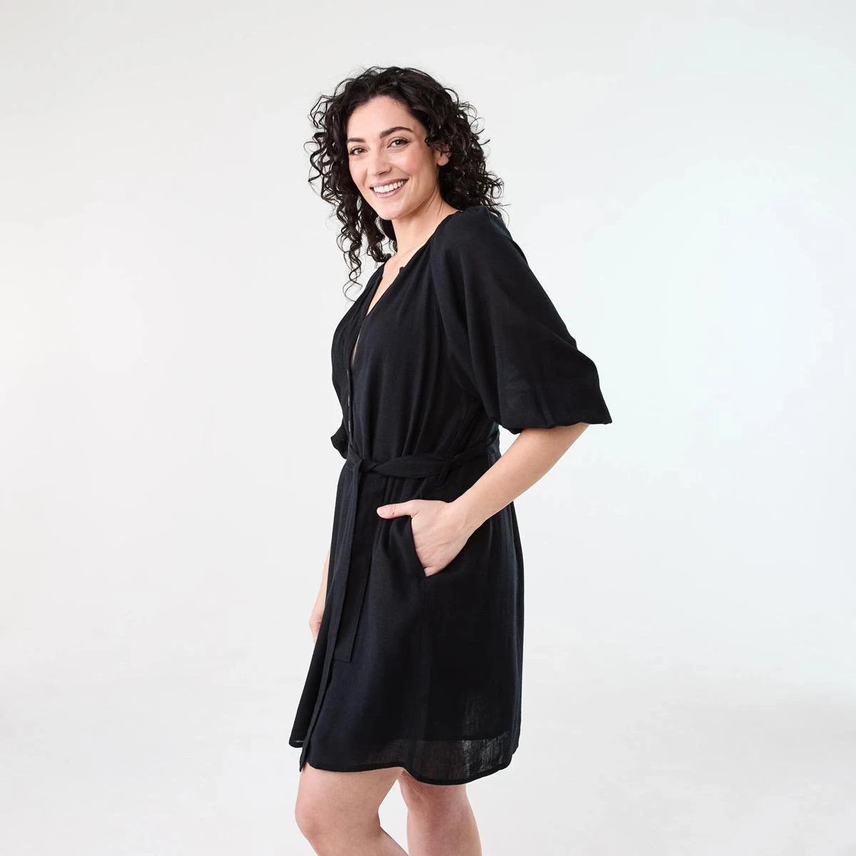 3 Elbow Sleeve Linen Blend Mini Dress BLACK, 3 of 10