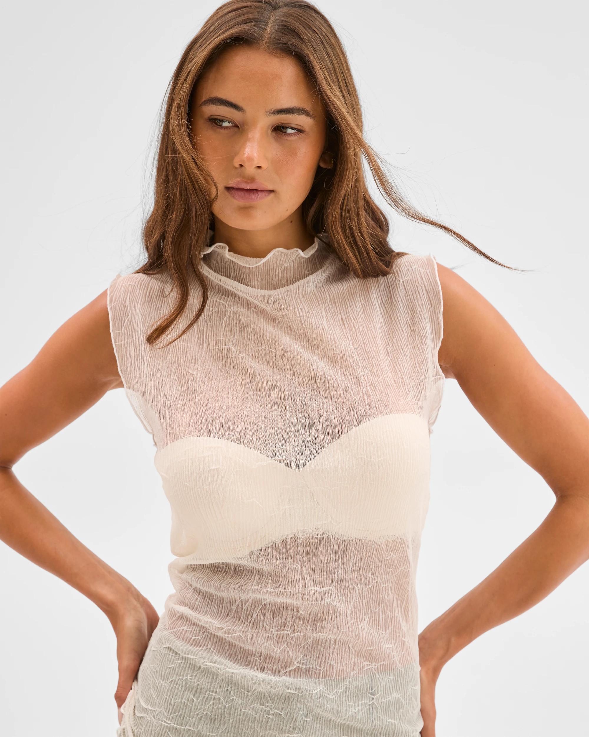 3 Lily Loves Sheer Plisse Sleeveless Top VANILLA, 3 of 7